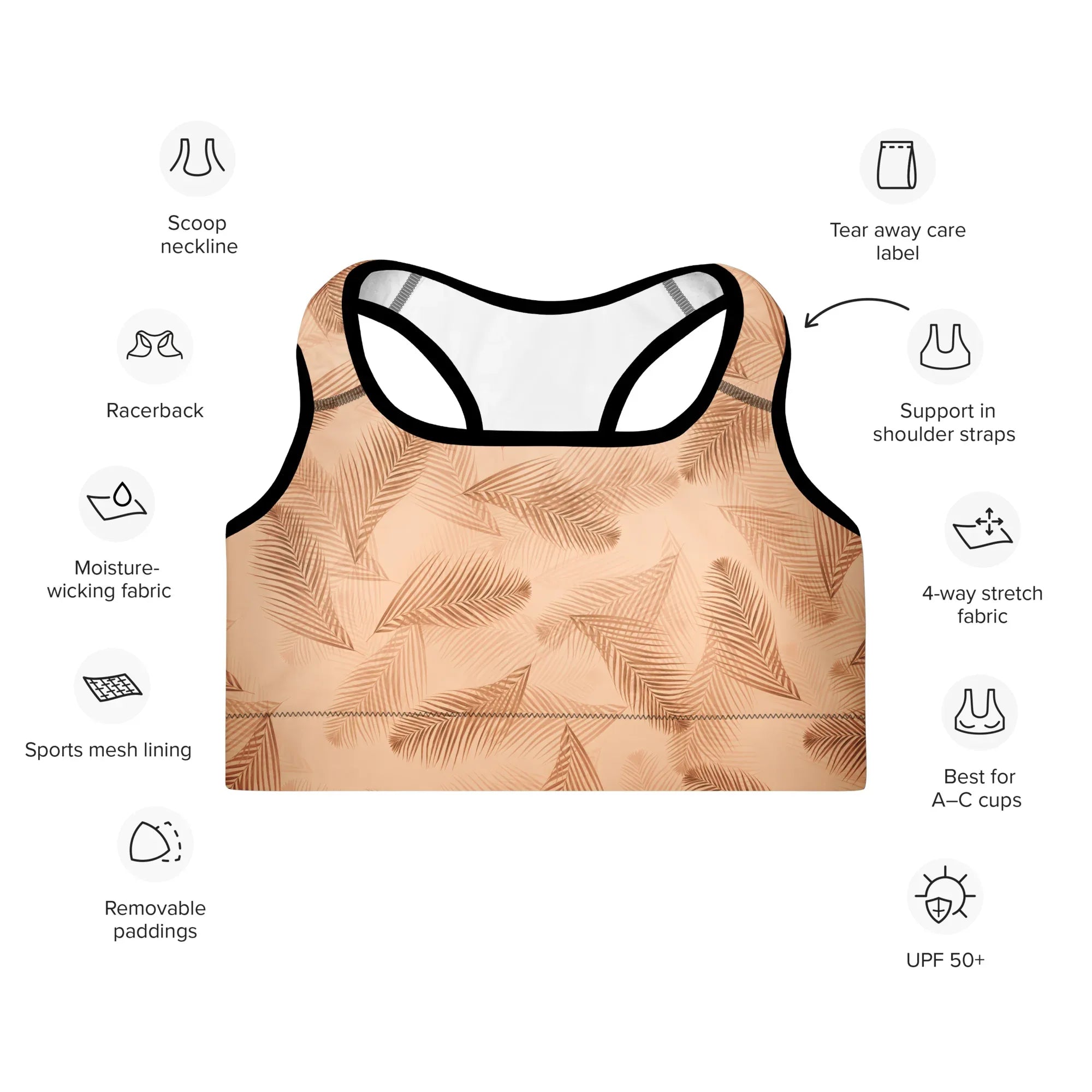 Padded Sports Bra Sports Bra AwRans Clothing all-over-print-padded-sports-bra-black-front-67ec0861c1363