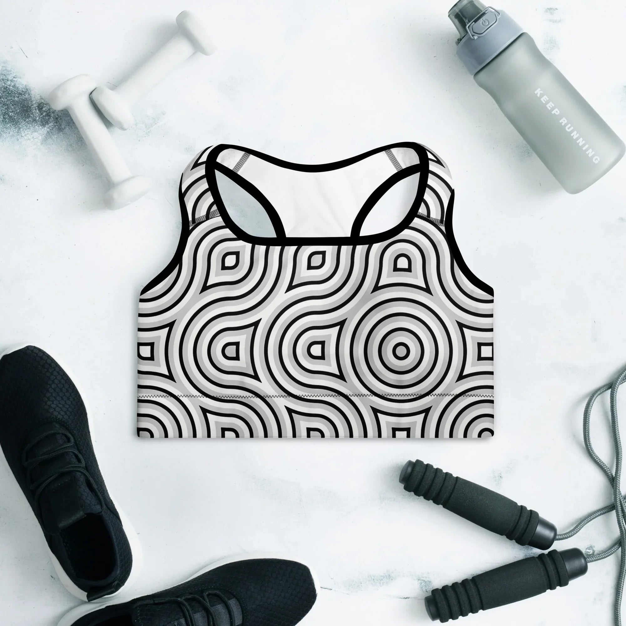 Padded Sports Bra Sports Bra AwRans Clothing all-over-print-padded-sports-bra-black-front-67ec08e3da980