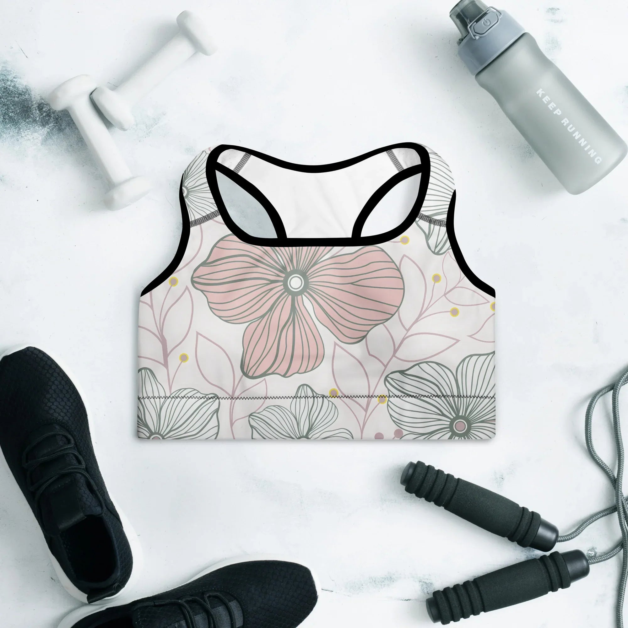 Padded Sports Bra Sports Bra AwRans Clothing all-over-print-padded-sports-bra-black-front-67ec096525517