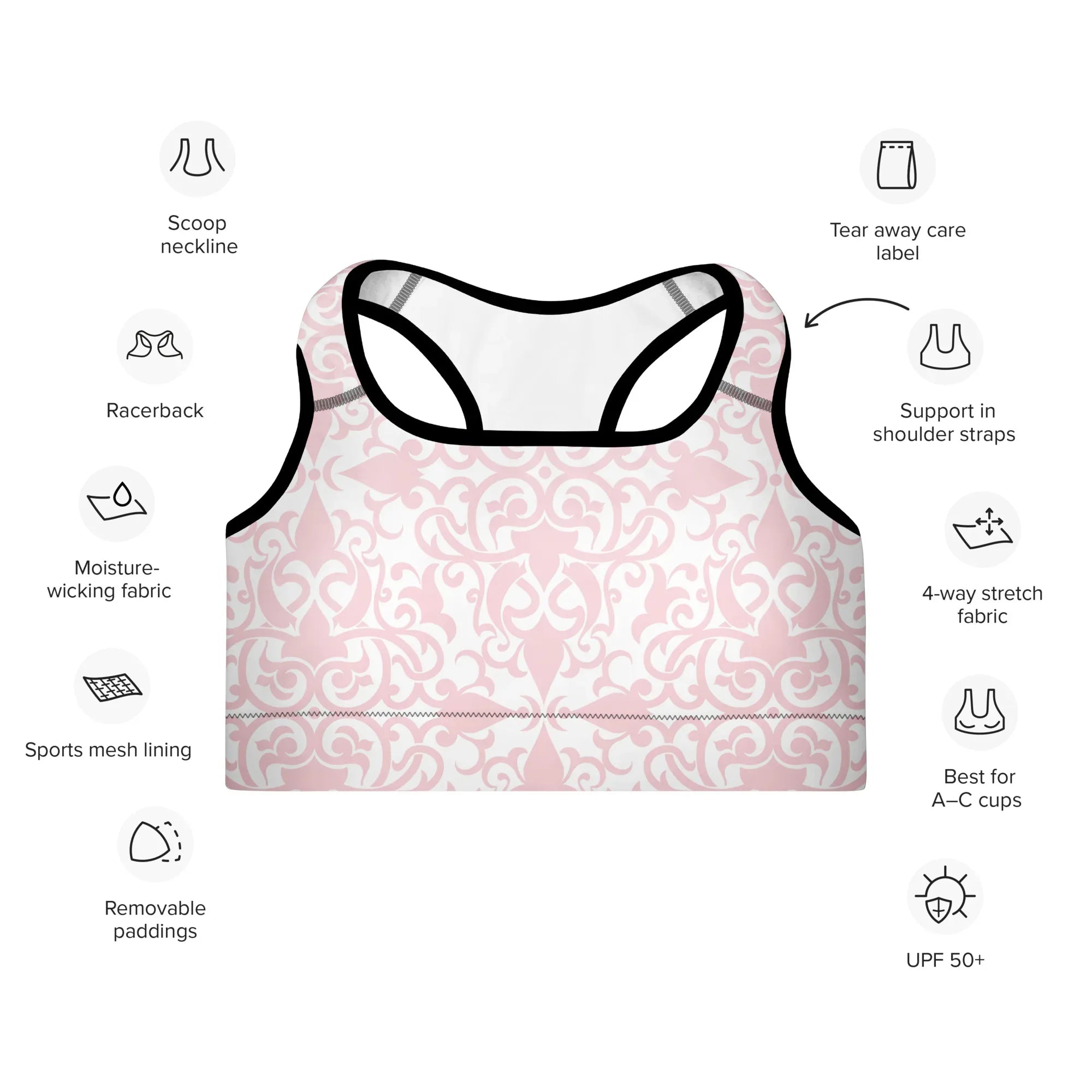 Padded Sports Bra Sports Bra AwRans Clothing all-over-print-padded-sports-bra-black-front-67ec09e89c49c