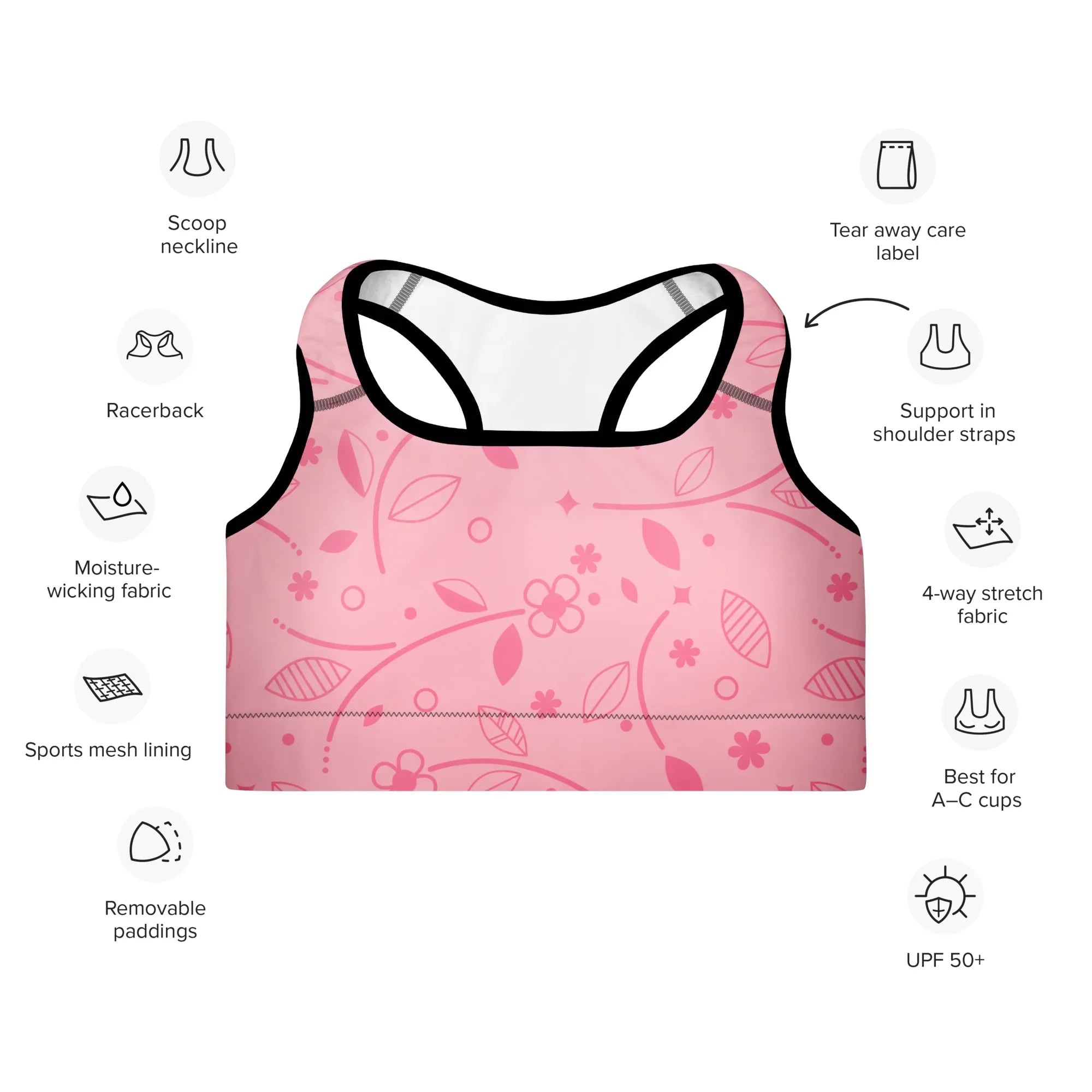 Padded Sports Bra Sports Bra AwRans Clothing all-over-print-padded-sports-bra-black-front-67ec0be0c3945
