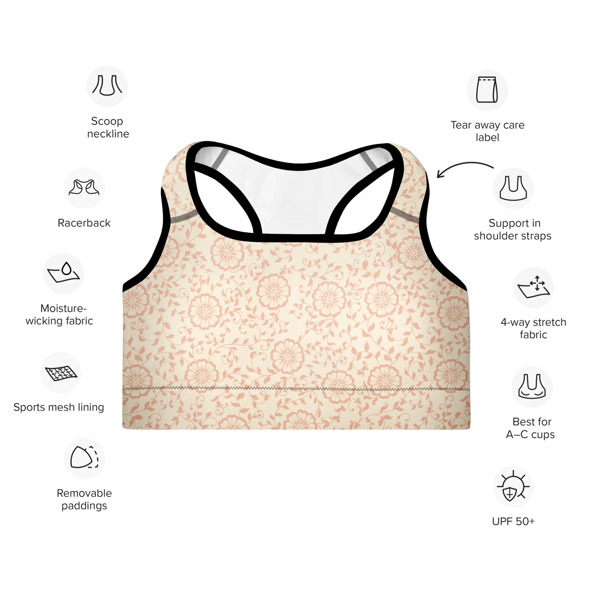 Padded Sports Bra Sports Bra AwRans Clothing all-over-print-padded-sports-bra-black-front-67ec0c6ba52ad