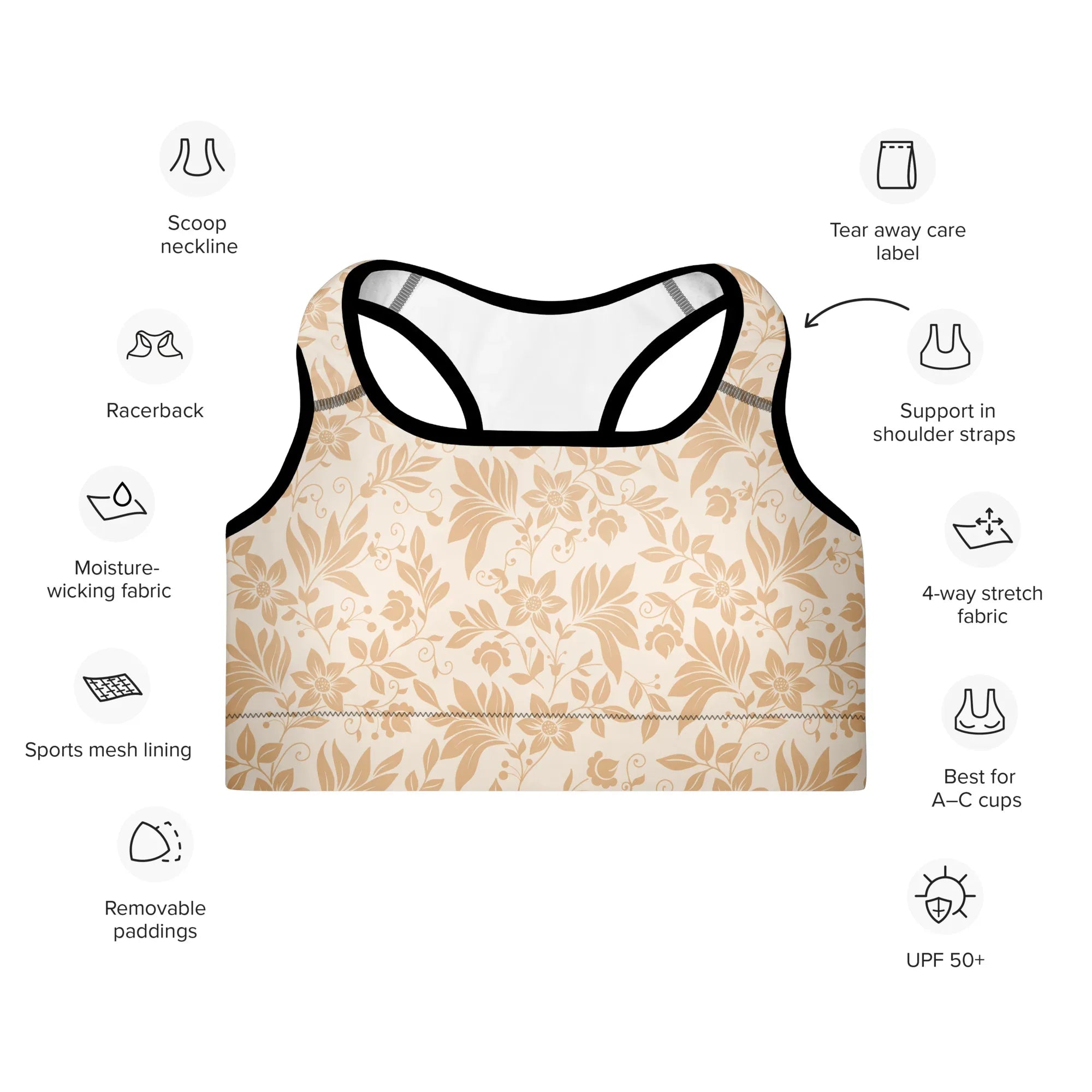 Padded Sports Bra Sports Bra AwRans Clothing all-over-print-padded-sports-bra-black-front-67ec0cec297eb