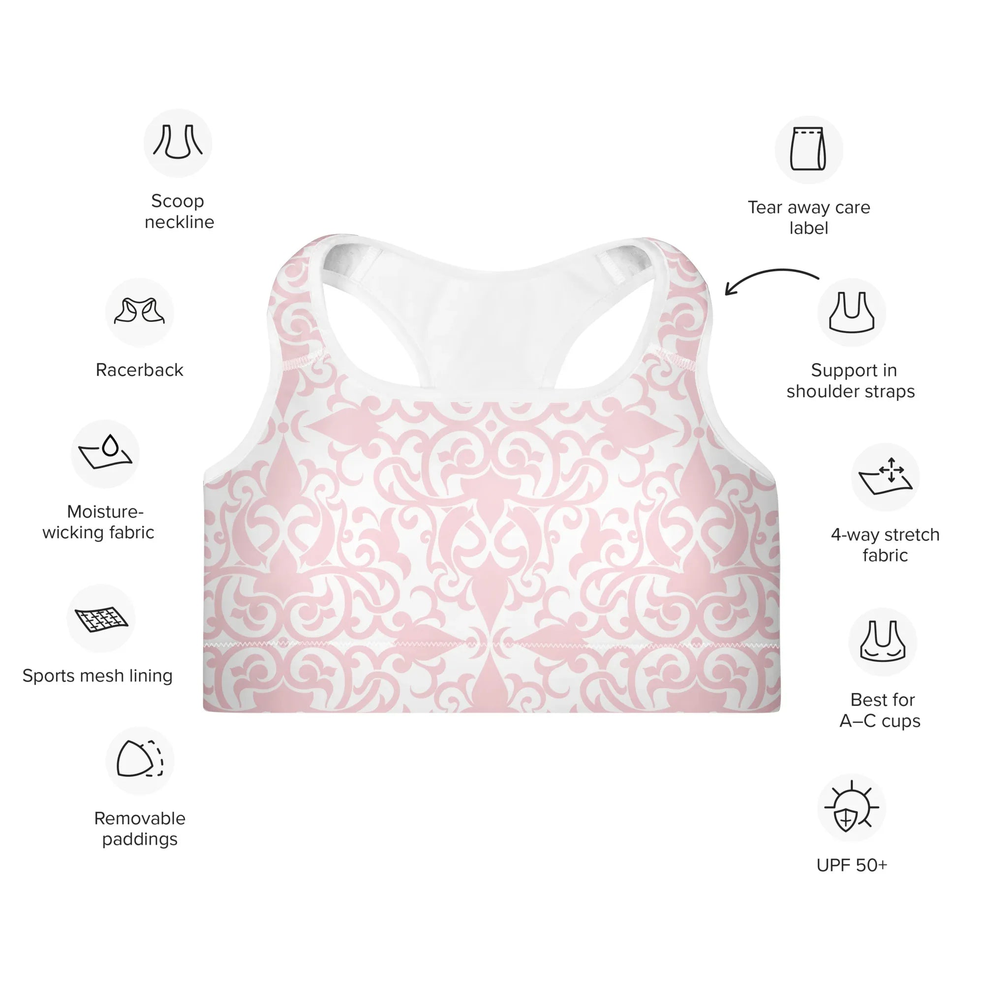 Padded Sports Bra Sports Bra AwRans Clothing all-over-print-padded-sports-bra-white-front-67ec09e89e745