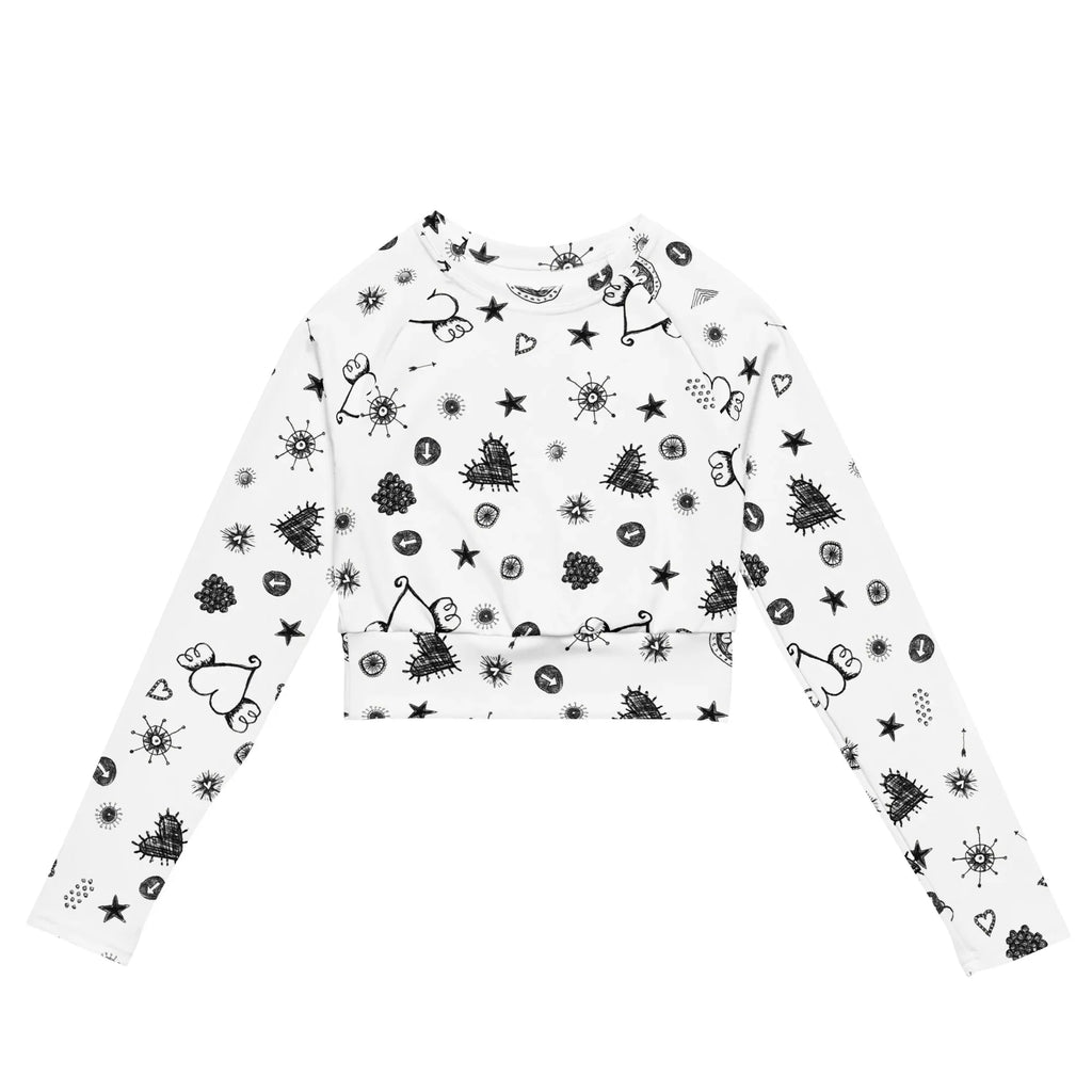 Recycled long-sleeve crop top long-sleeve crop top AwRans Clothing all-over-print-recycled-long-sleeve-crop-top-white-front-67bb2f8926439