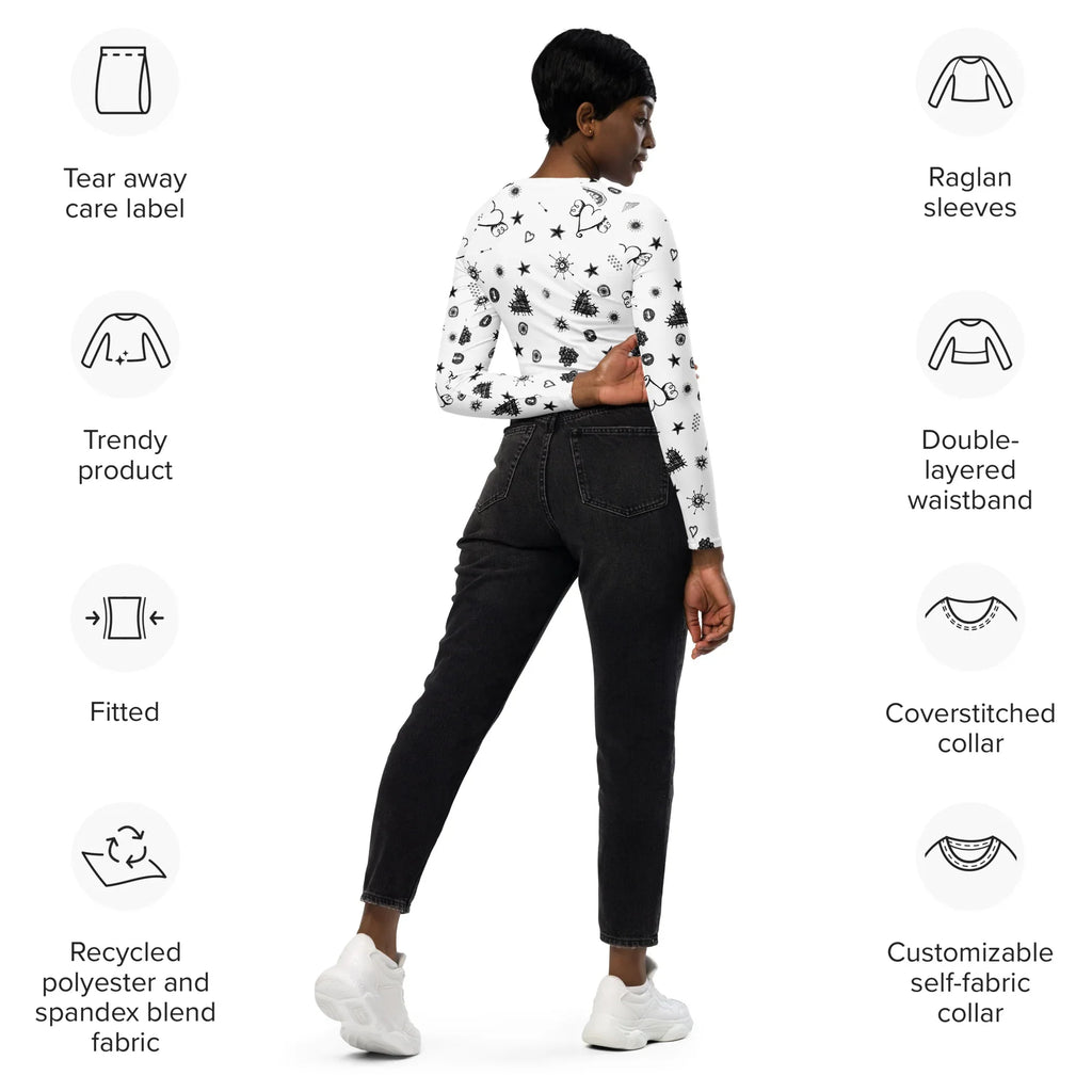 Recycled long-sleeve crop top long-sleeve crop top AwRans Clothing all-over-print-recycled-long-sleeve-crop-top-white-right-back-67bb2f892650f