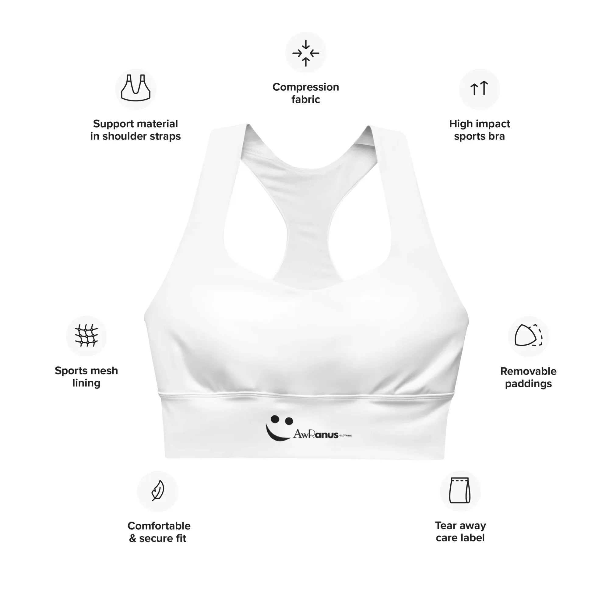 Recycled Longline Sports Bra Sports Bra AwRans Clothing all-over-print-recycled-longline-sports-bra-white-front-67ec19461e068