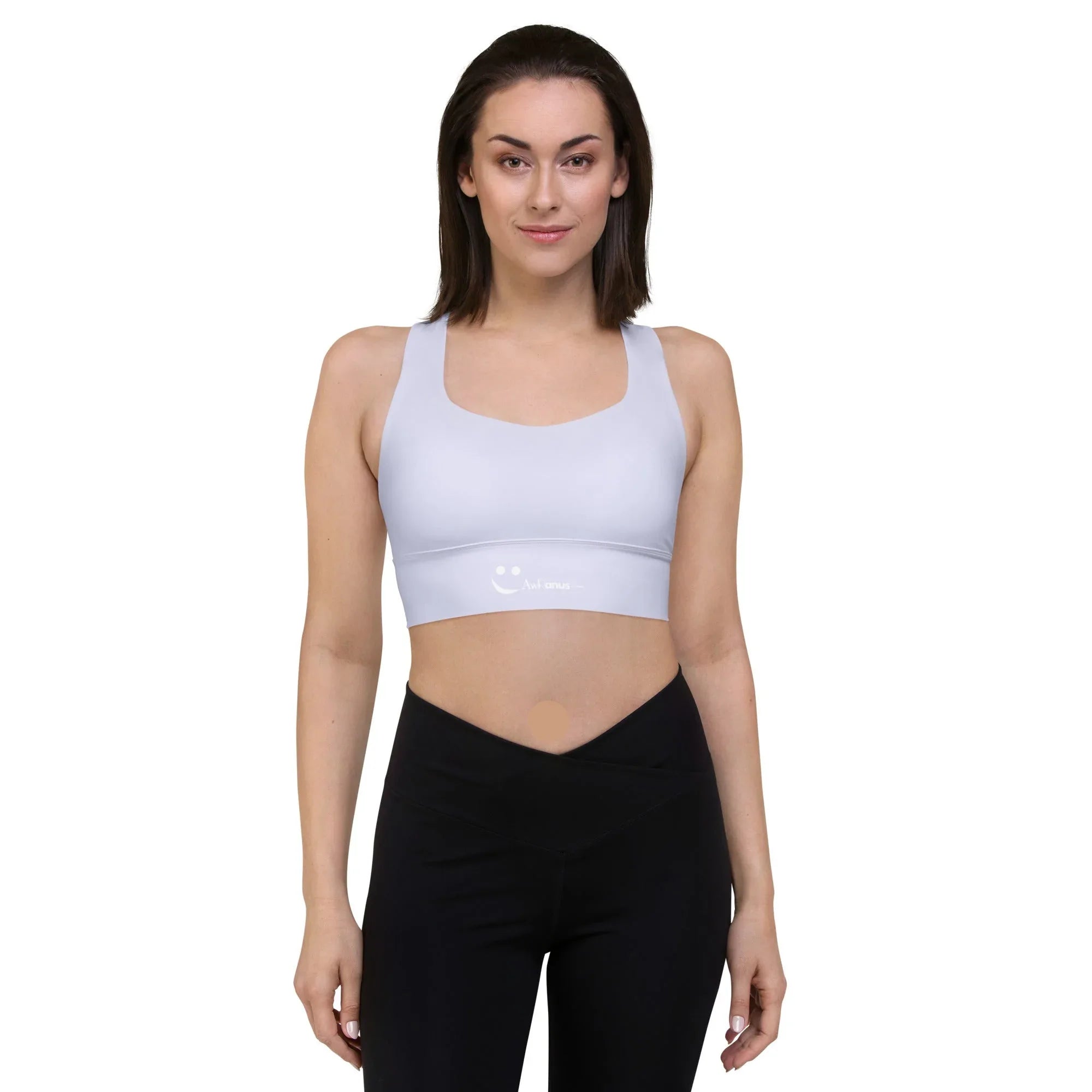 Recycled Longline Sports Bra Sports Bra AwRans Clothing all-over-print-recycled-longline-sports-bra-white-front-67ec1c219822a