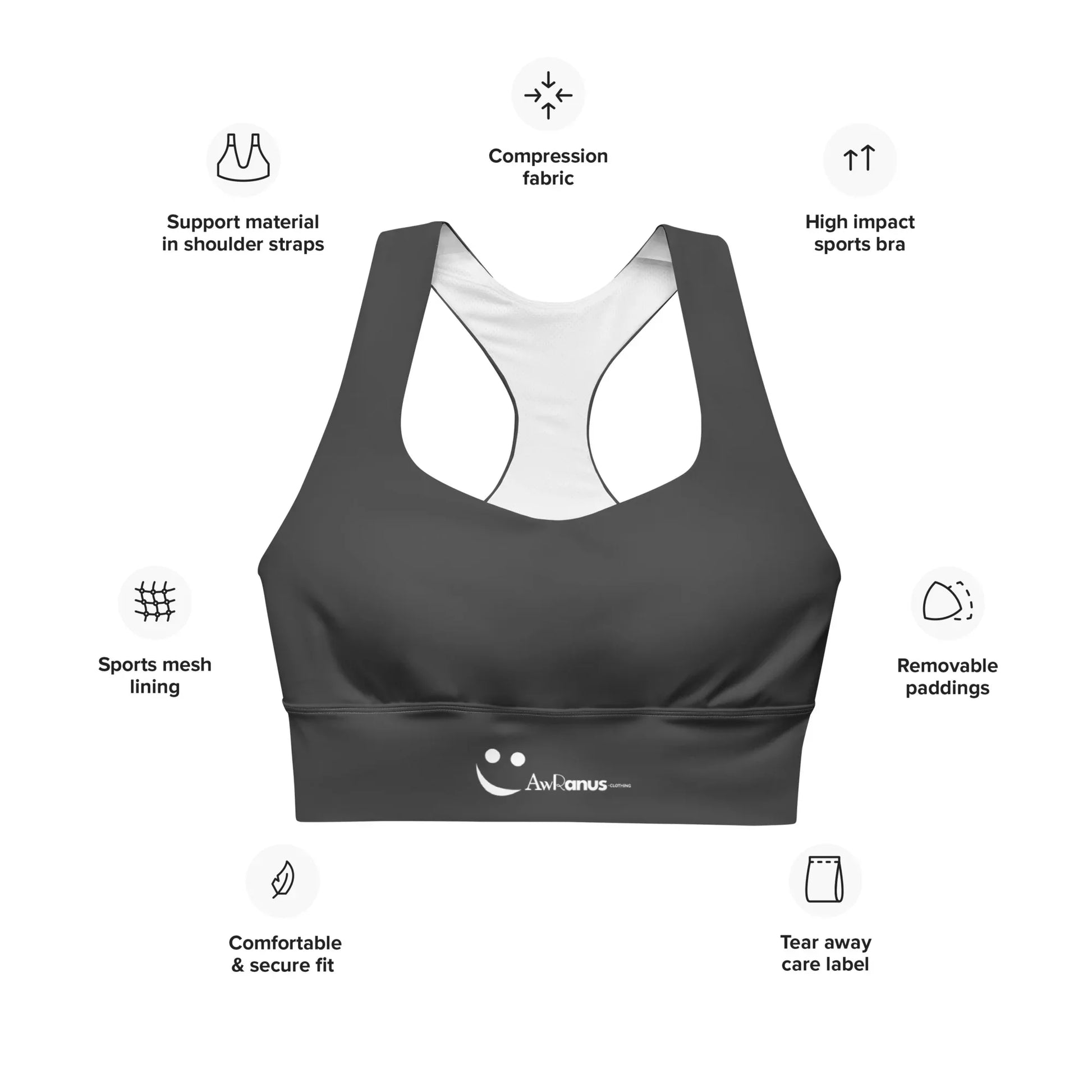 Recycled Longline Sports Bra Black-Onyx - AwRans Clothing