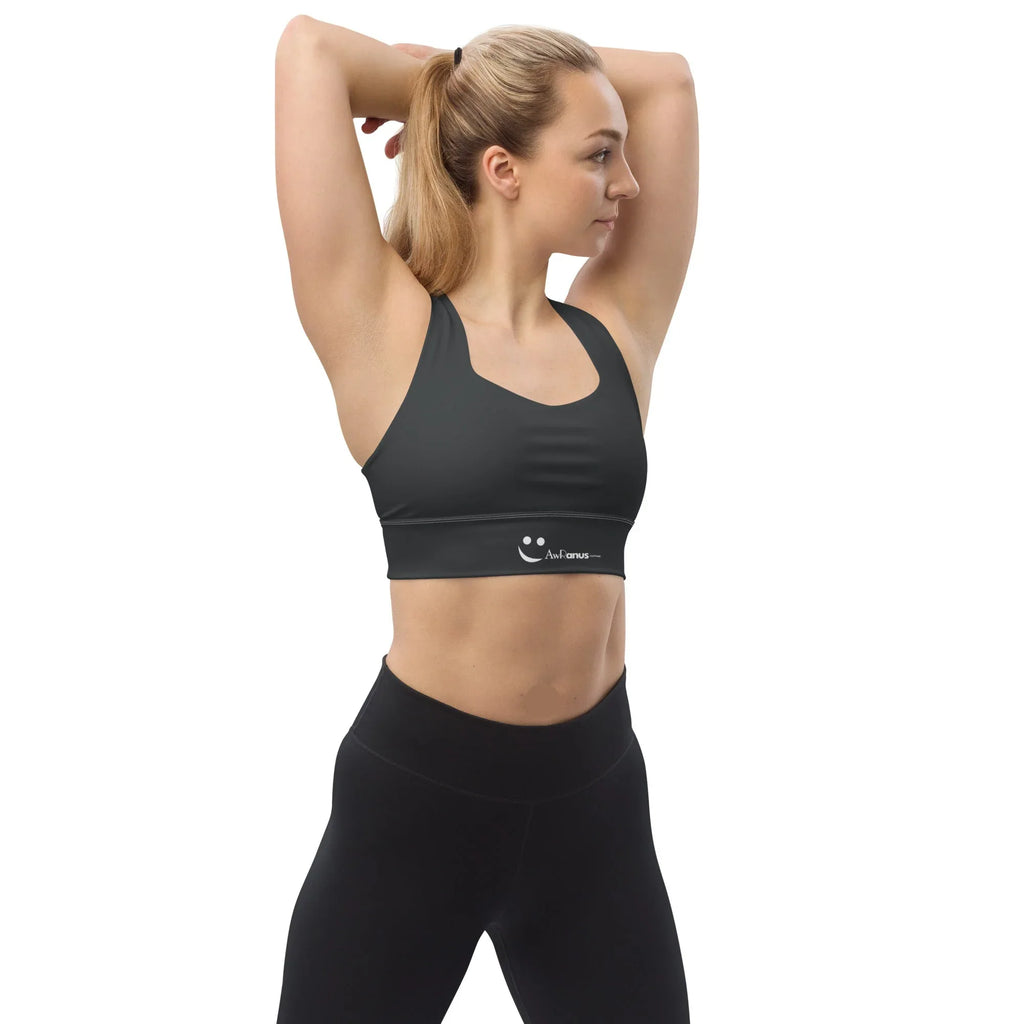 Recycled Longline Sports Bra Charcoal-Gray Sports Bra AwRans Clothing all-over-print-recycled-longline-sports-bra-white-front-67ec1d17904ed