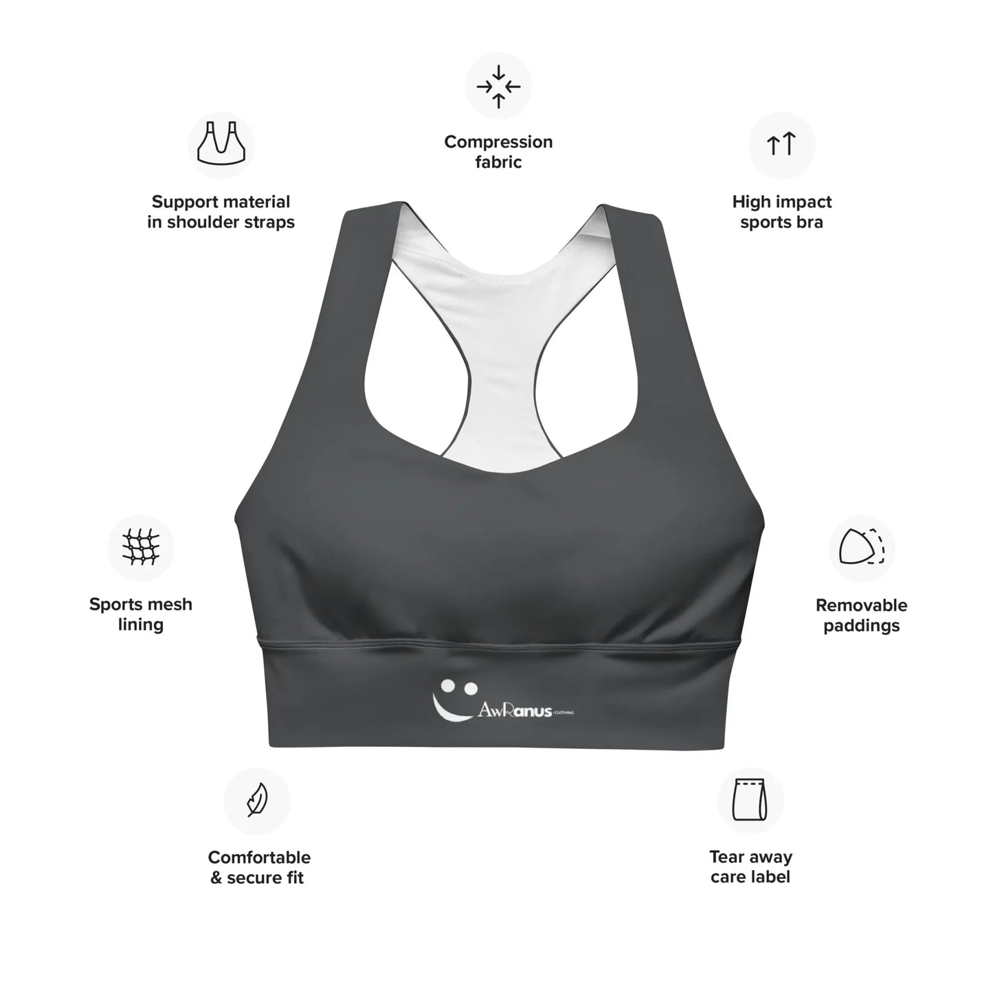 Recycled Longline Sports Bra Charcoal-Gray - AwRans Clothing