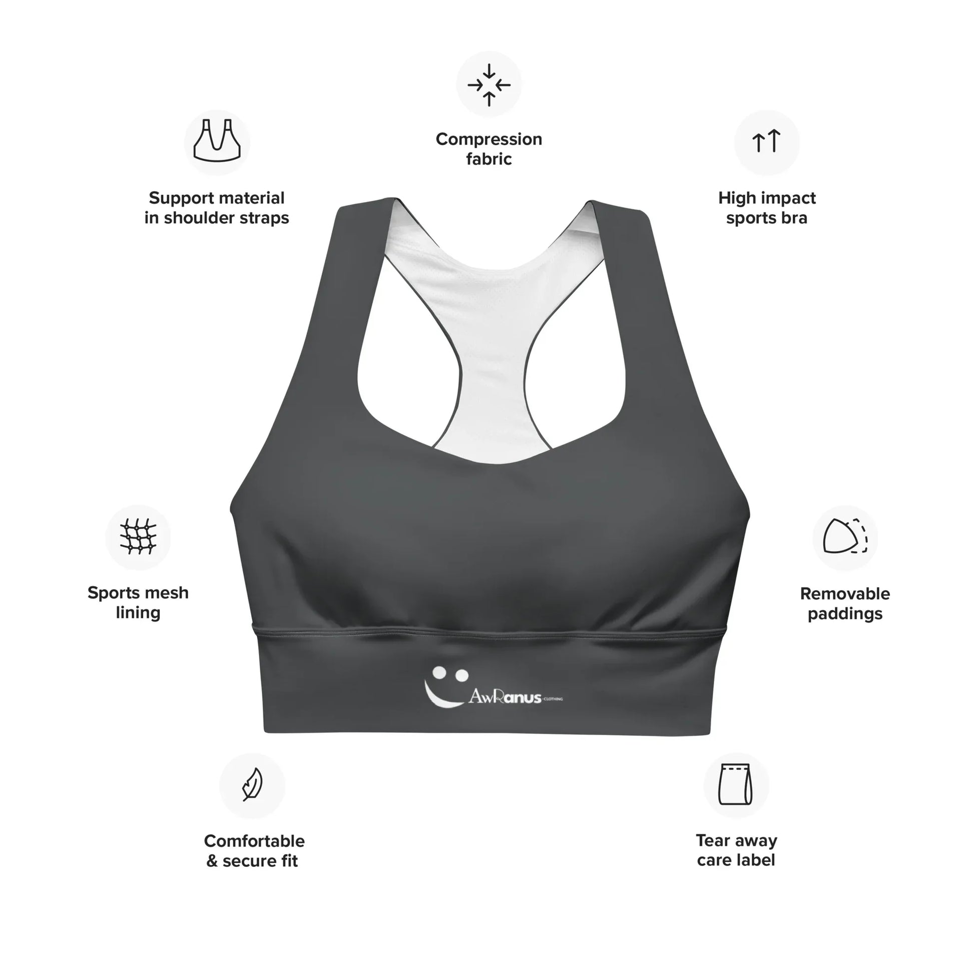 Recycled Longline Sports Bra Charcoal-Gray - AwRans Clothing