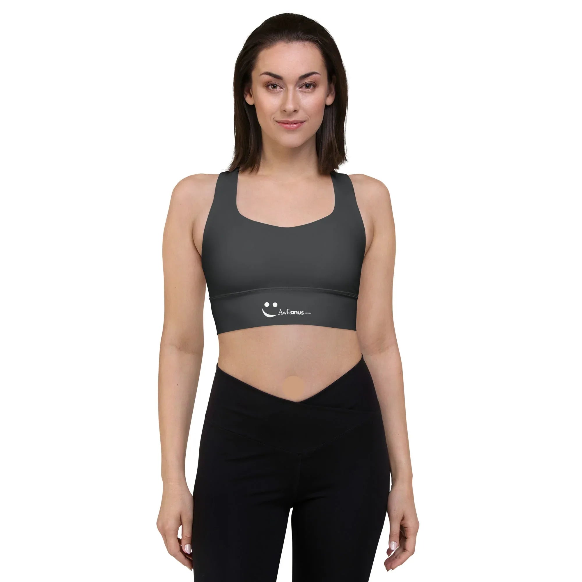 Recycled Longline Sports Bra Charcoal-Gray Sports Bra AwRans Clothing all-over-print-recycled-longline-sports-bra-white-front-67ec1d1790cd3
