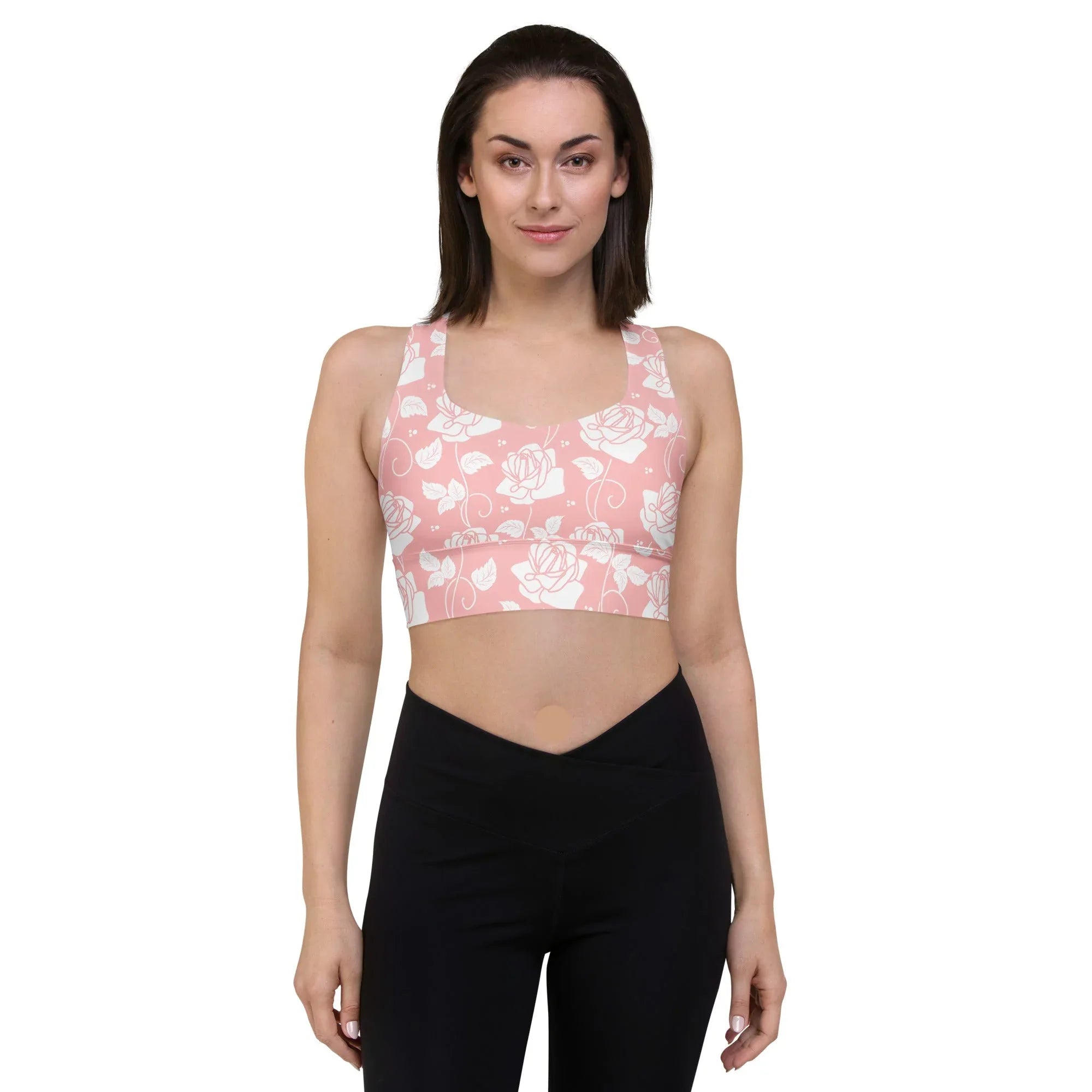 Recycled Longline Sports Bra Sports Bra AwRans Clothing all-over-print-recycled-longline-sports-bra-white-front-67ec49705be11