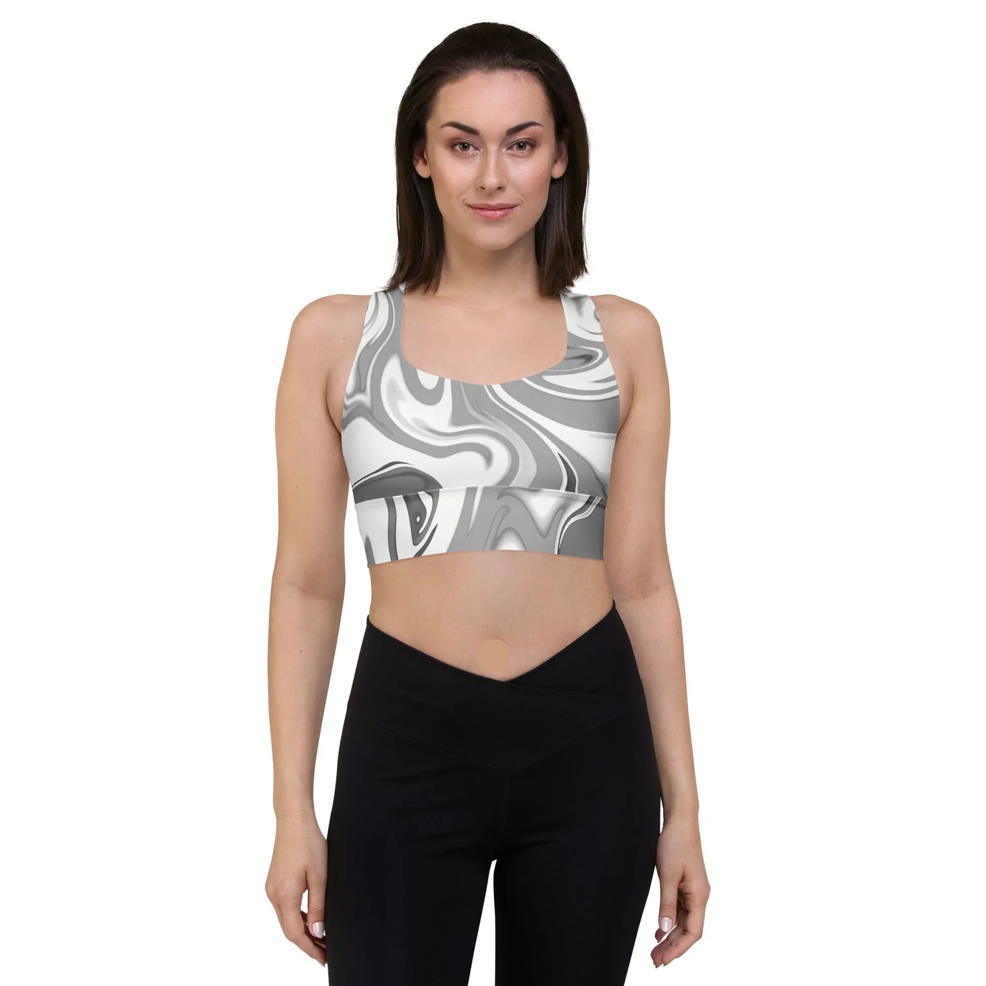 Recycled Longline Sports Bra Sports Bra AwRans Clothing all-over-print-recycled-longline-sports-bra-white-front-67ec4bf862036