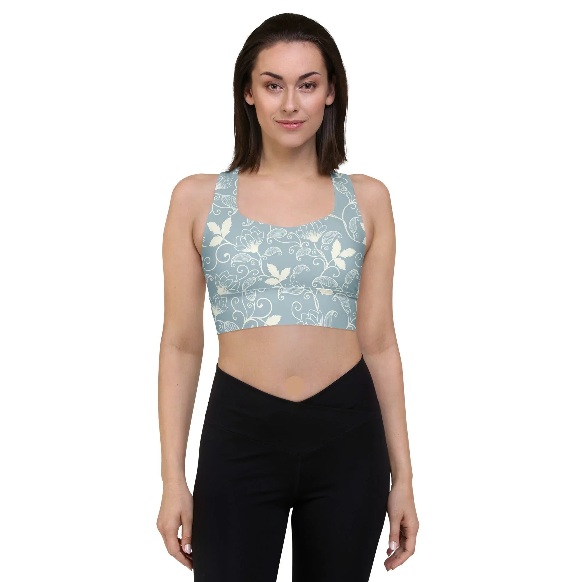 Recycled Longline Sports Bra Sports Bra AwRans Clothing all-over-print-recycled-longline-sports-bra-white-front-67ec4d6e4135a