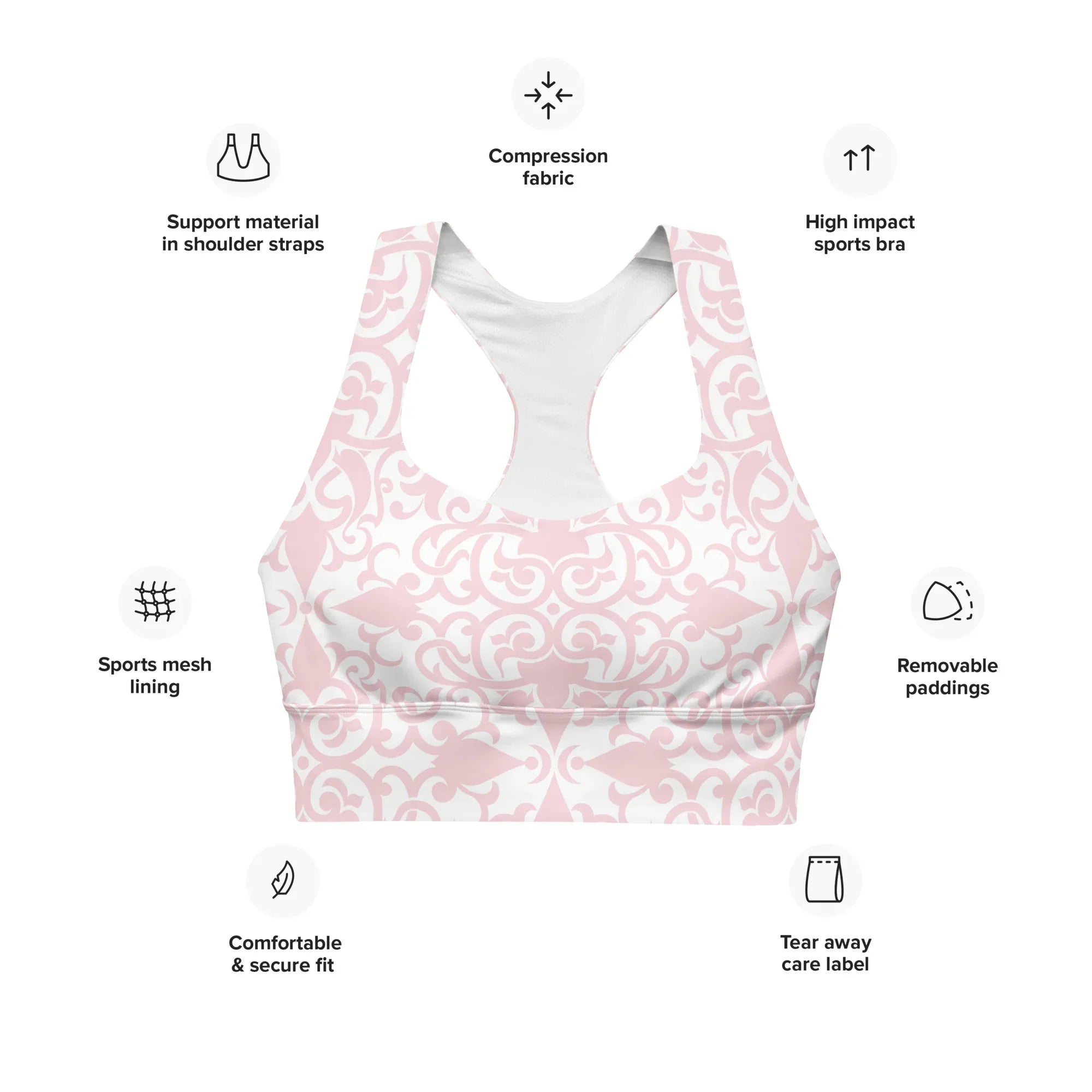 Recycled Longline Sports Bra Sports Bra AwRans Clothing all-over-print-recycled-longline-sports-bra-white-front-67ec59abb6f2e