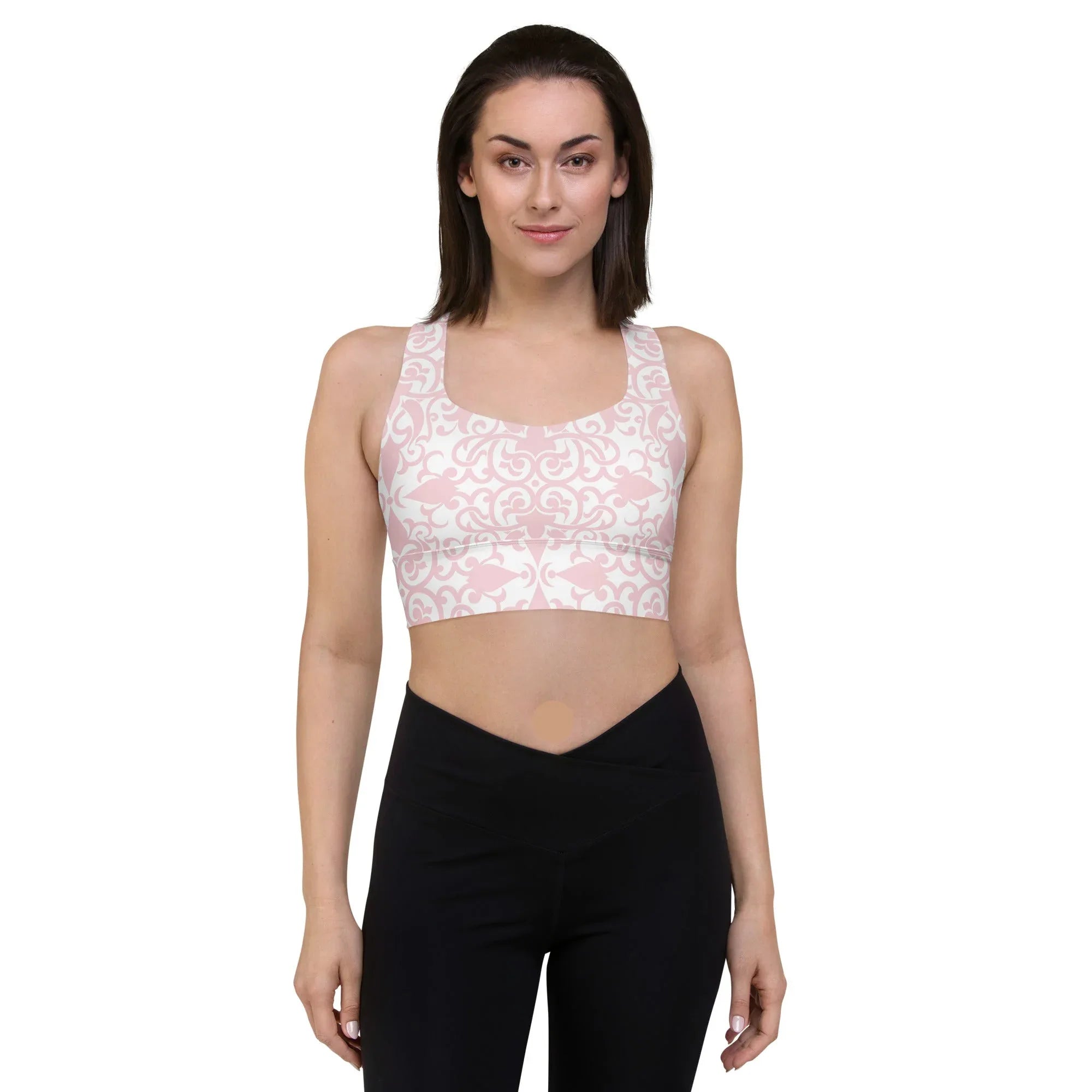 Recycled Longline Sports Bra Sports Bra AwRans Clothing all-over-print-recycled-longline-sports-bra-white-front-67ec59abb74aa