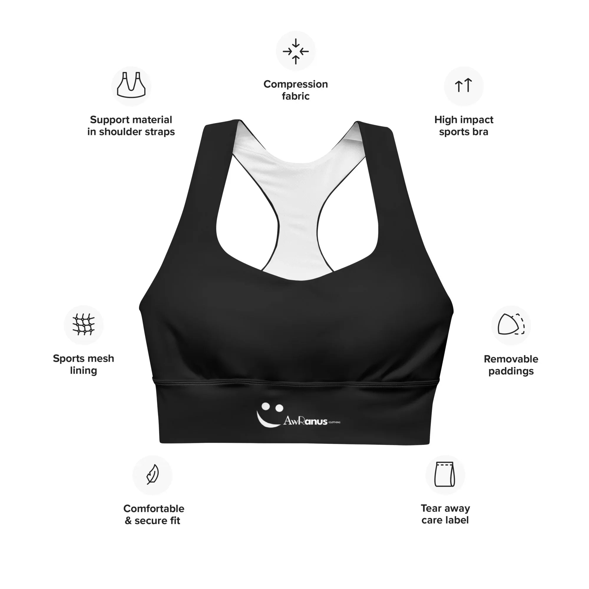 Recycled Longline Sports Bra Black Sports Bra AwRans Clothing all-over-print-recycled-longline-sports-bra-white-front-67ee308c557f2