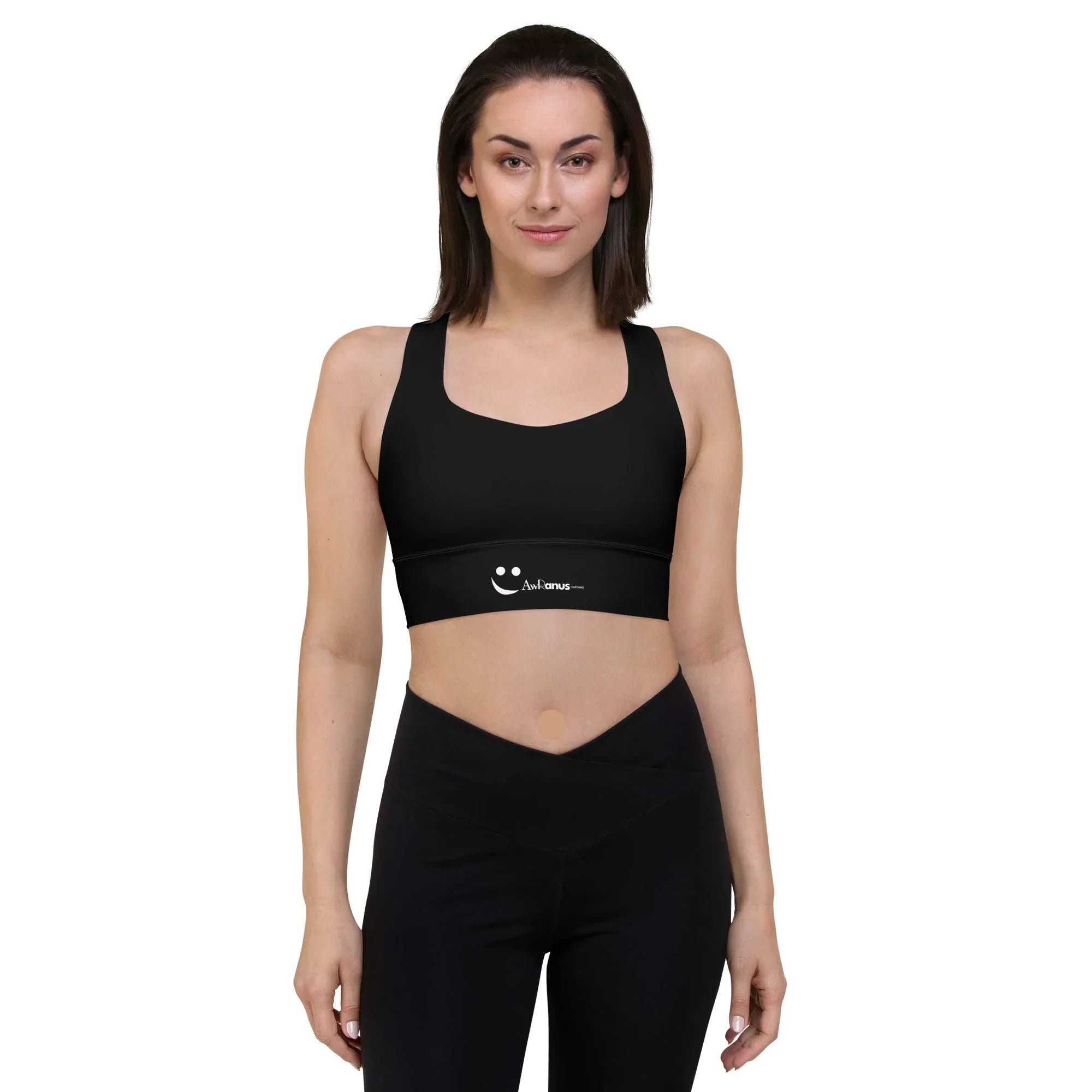 Recycled Longline Sports Bra Black Sports Bra AwRans Clothing all-over-print-recycled-longline-sports-bra-white-front-67ee308c55930