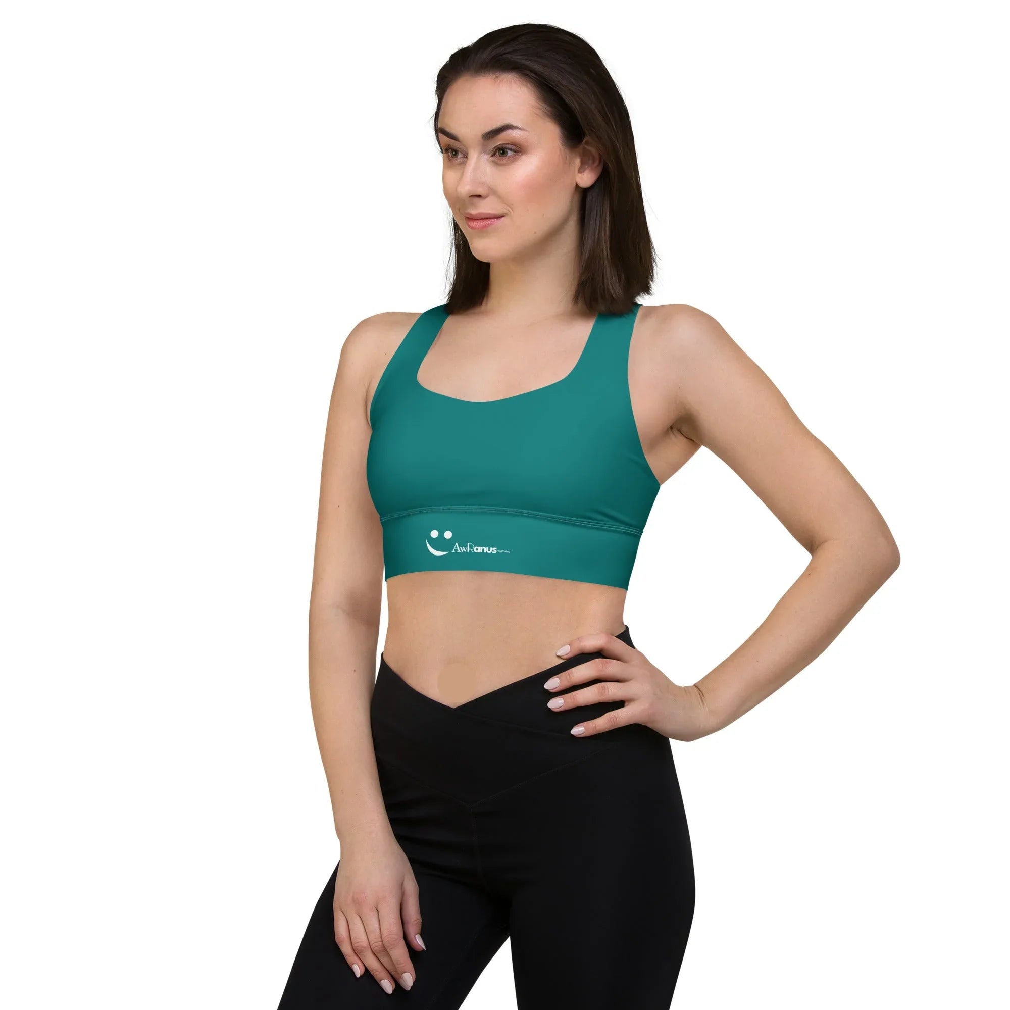 Recycled Longline Sports Bra Sports Bra AwRans Clothing all-over-print-recycled-longline-sports-bra-white-left-front-67ec19bf5aede