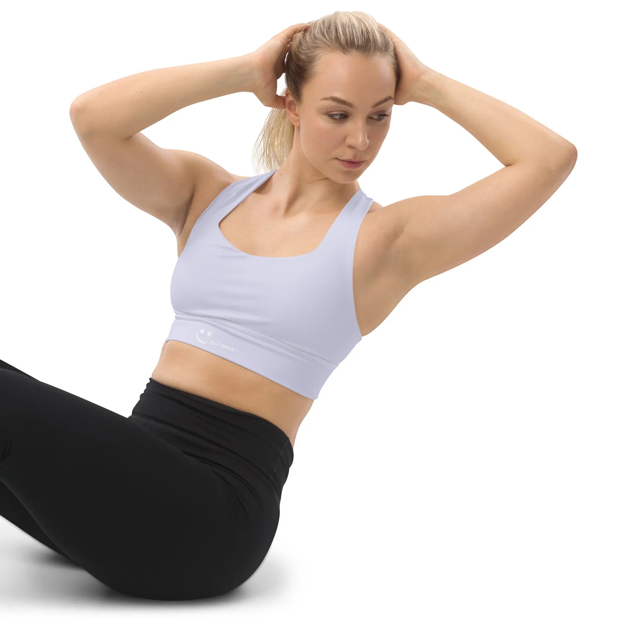 Recycled Longline Sports Bra Sports Bra AwRans Clothing all-over-print-recycled-longline-sports-bra-white-left-front-67ec1c21979f7