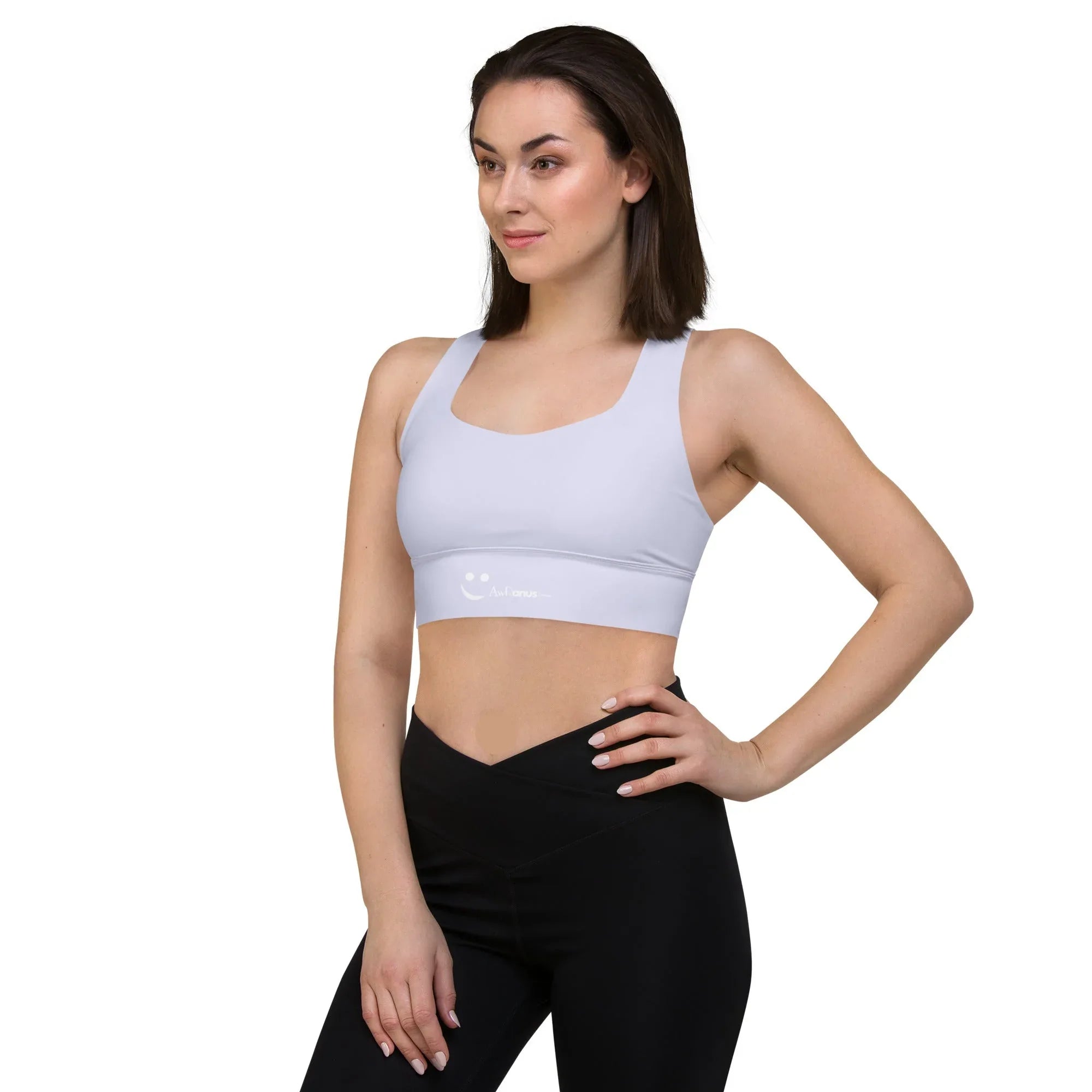 Recycled Longline Sports Bra Sports Bra AwRans Clothing all-over-print-recycled-longline-sports-bra-white-left-front-67ec1c2198191