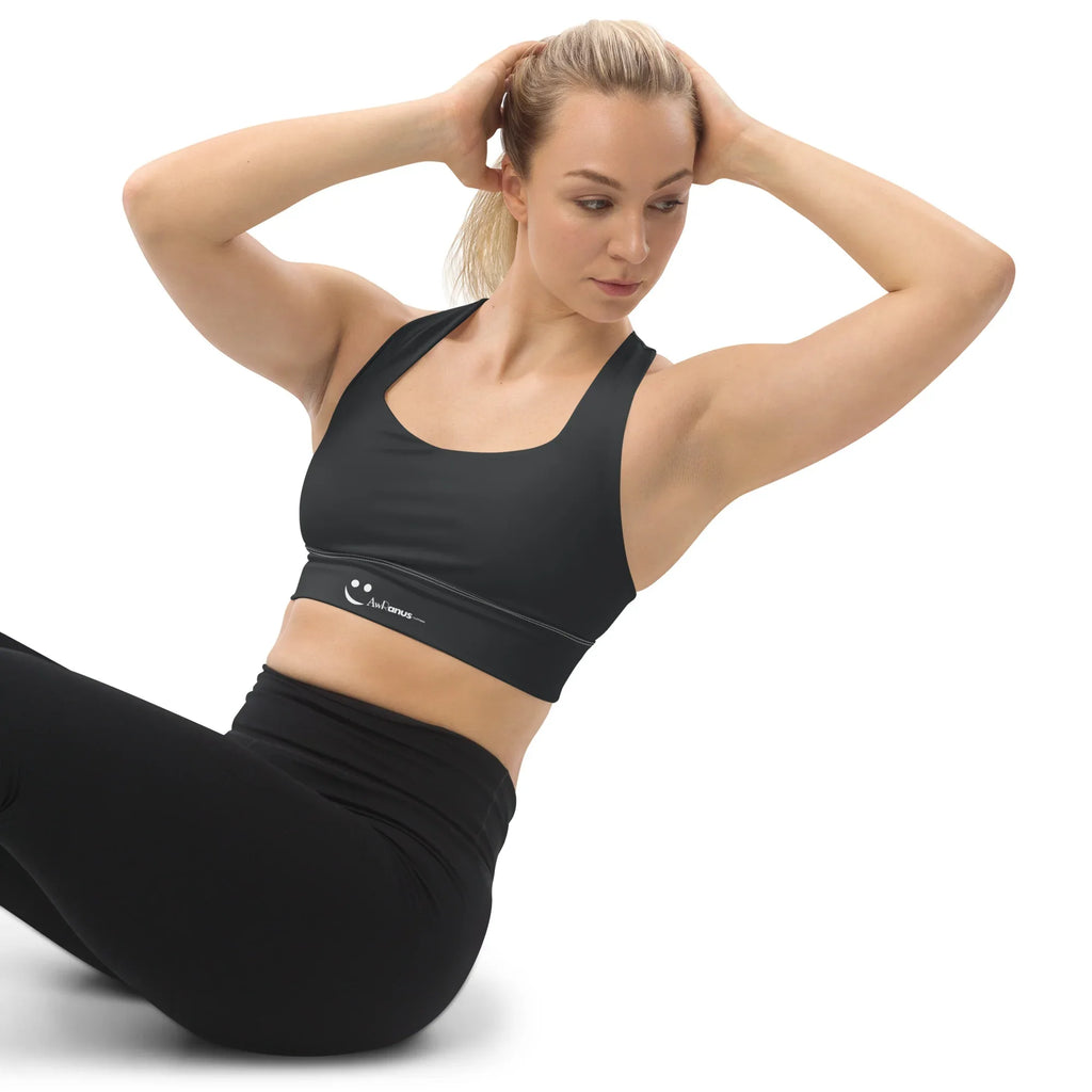 Recycled Longline Sports Bra Charcoal-Gray Sports Bra AwRans Clothing all-over-print-recycled-longline-sports-bra-white-left-front-67ec1d1790450