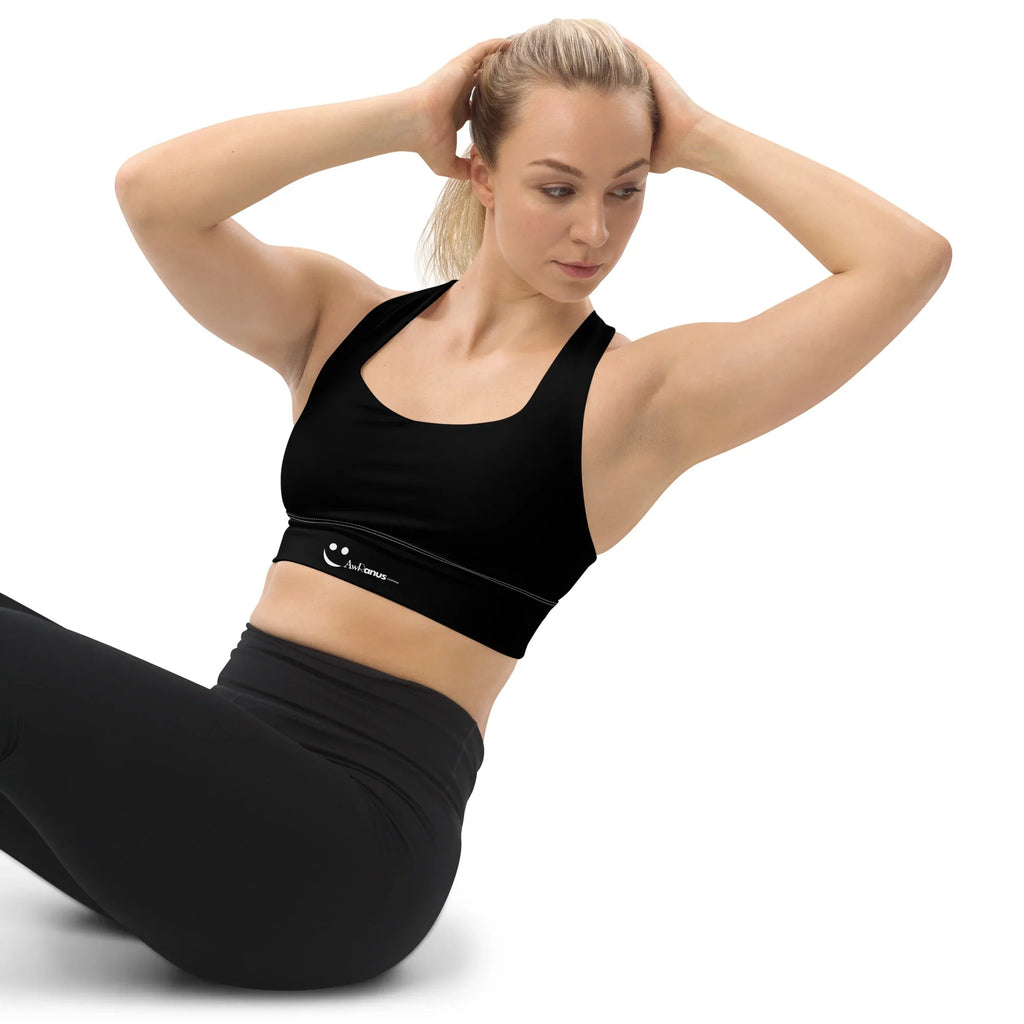 Recycled Longline Sports Bra Black Sports Bra AwRans Clothing all-over-print-recycled-longline-sports-bra-white-left-front-67ee308c556a3