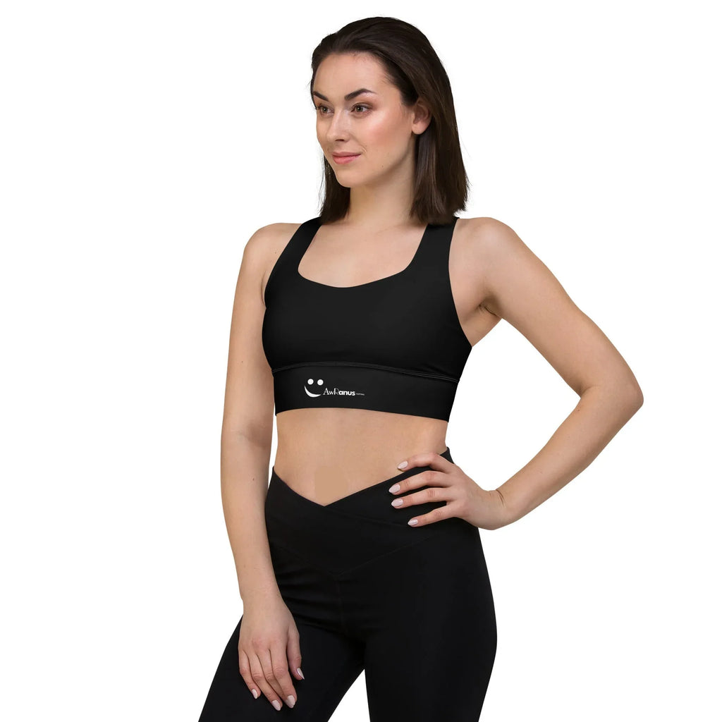 Recycled Longline Sports Bra Black Sports Bra AwRans Clothing all-over-print-recycled-longline-sports-bra-white-left-front-67ee308c559df