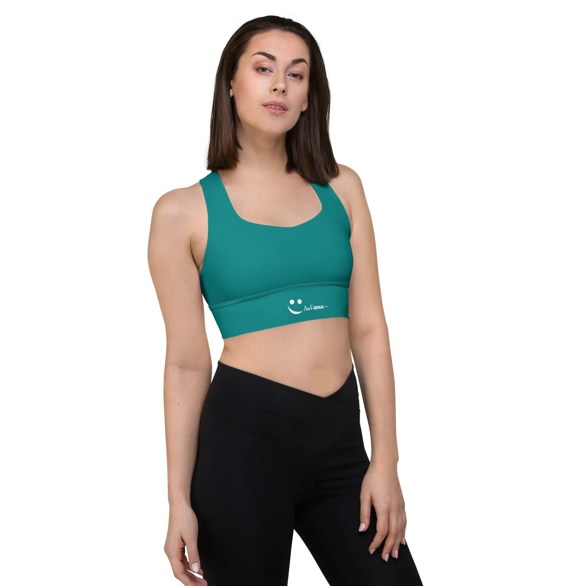 Recycled Longline Sports Bra Sports Bra AwRans Clothing all-over-print-recycled-longline-sports-bra-white-right-front-67ec19bf5ae42