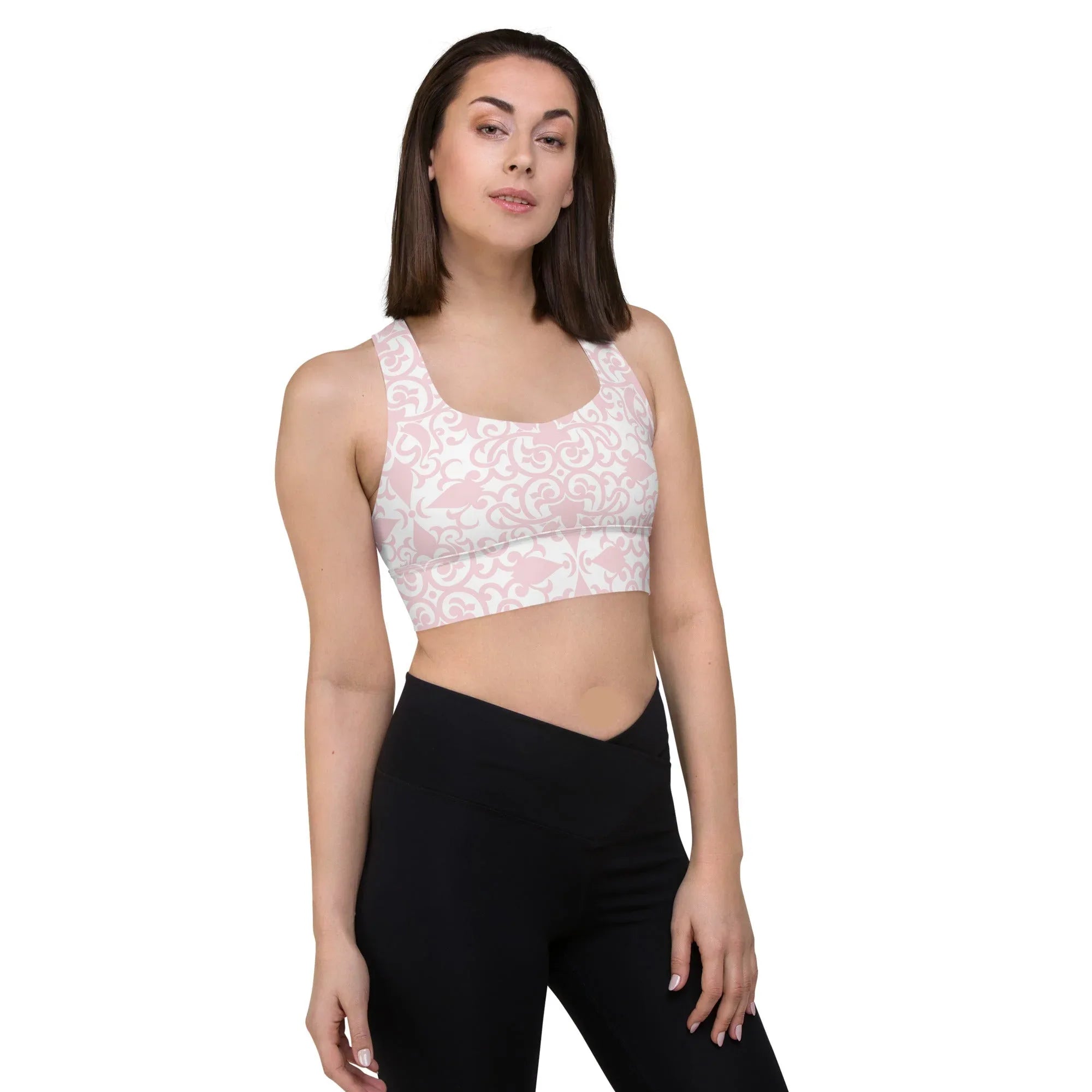 Recycled Longline Sports Bra Sports Bra AwRans Clothing all-over-print-recycled-longline-sports-bra-white-right-front-67ec59abb735f