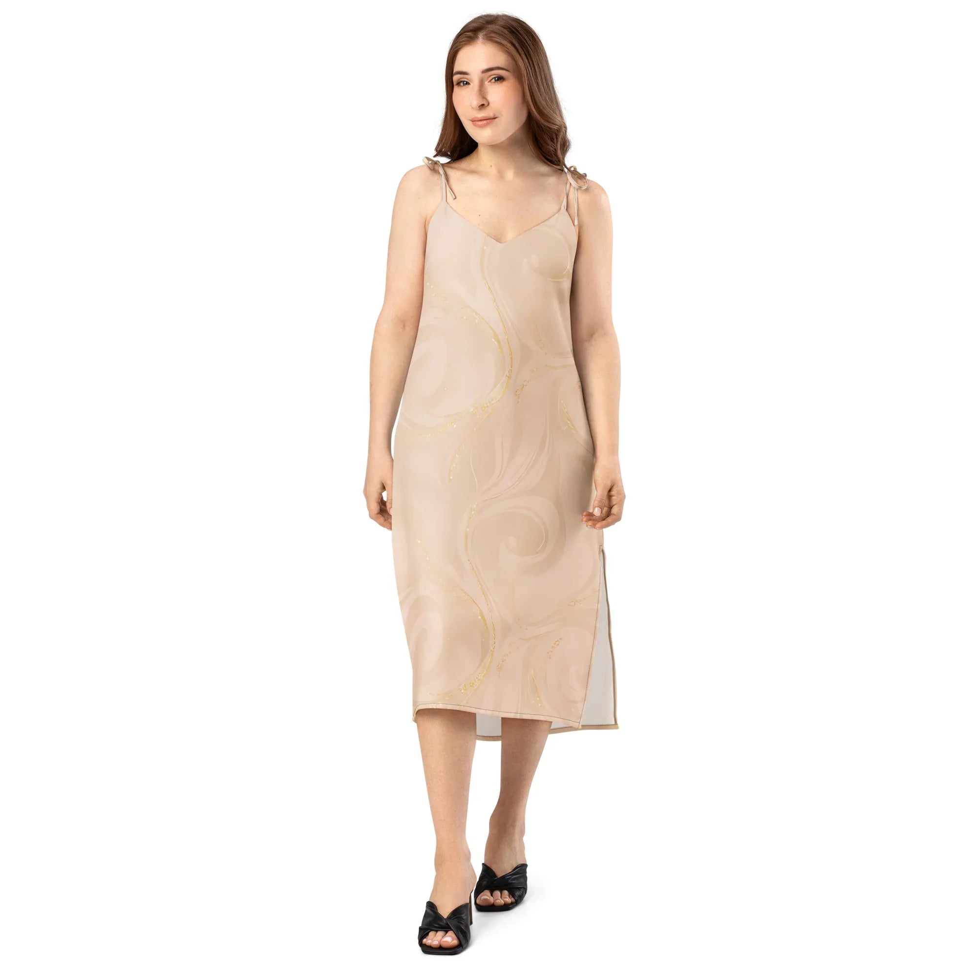 Tie-Strap Midi Dress Dress AwRans Clothing all-over-print-slip-dress-black-front-689c588a8f8b9
