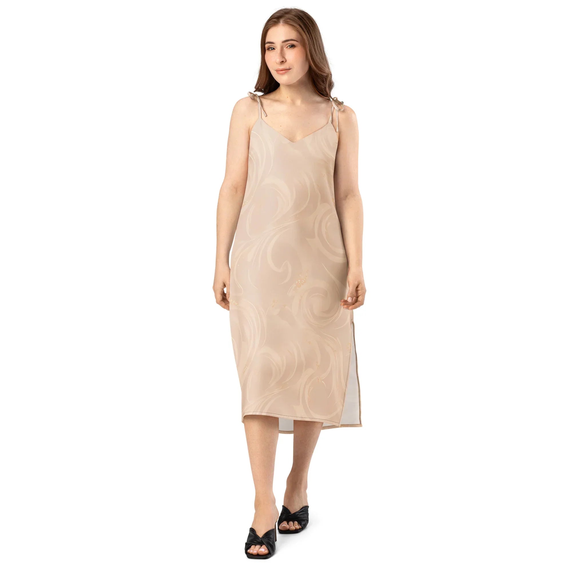 Tie-Strap Midi Dress Dress AwRans Clothing all-over-print-slip-dress-black-front-689c58c10cb61