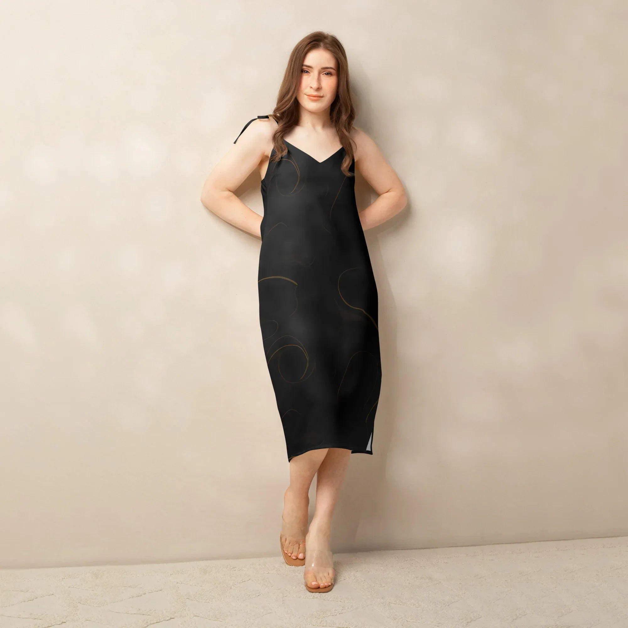 Tie-Strap Midi Dress Dress AwRans Clothing all-over-print-slip-dress-black-front-689c592a56b47