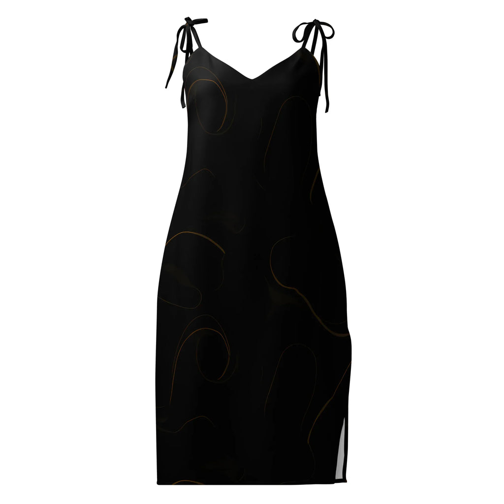 Tie-Strap Midi Dress Black Dress AwRans Clothing all-over-print-slip-dress-black-front-689c592a57abc