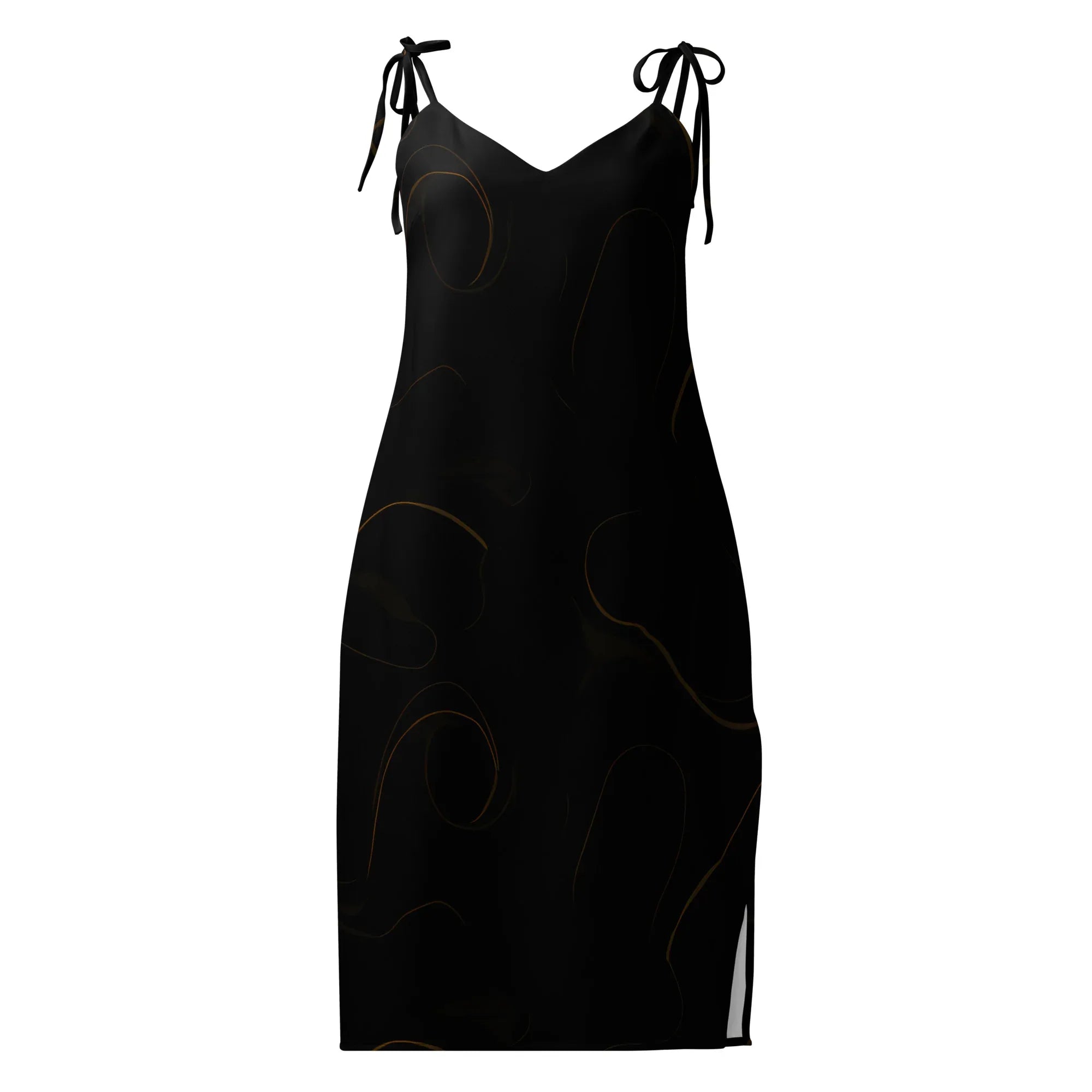 Tie-Strap Midi Dress Black Dress AwRans Clothing all-over-print-slip-dress-black-front-689c592a57abc