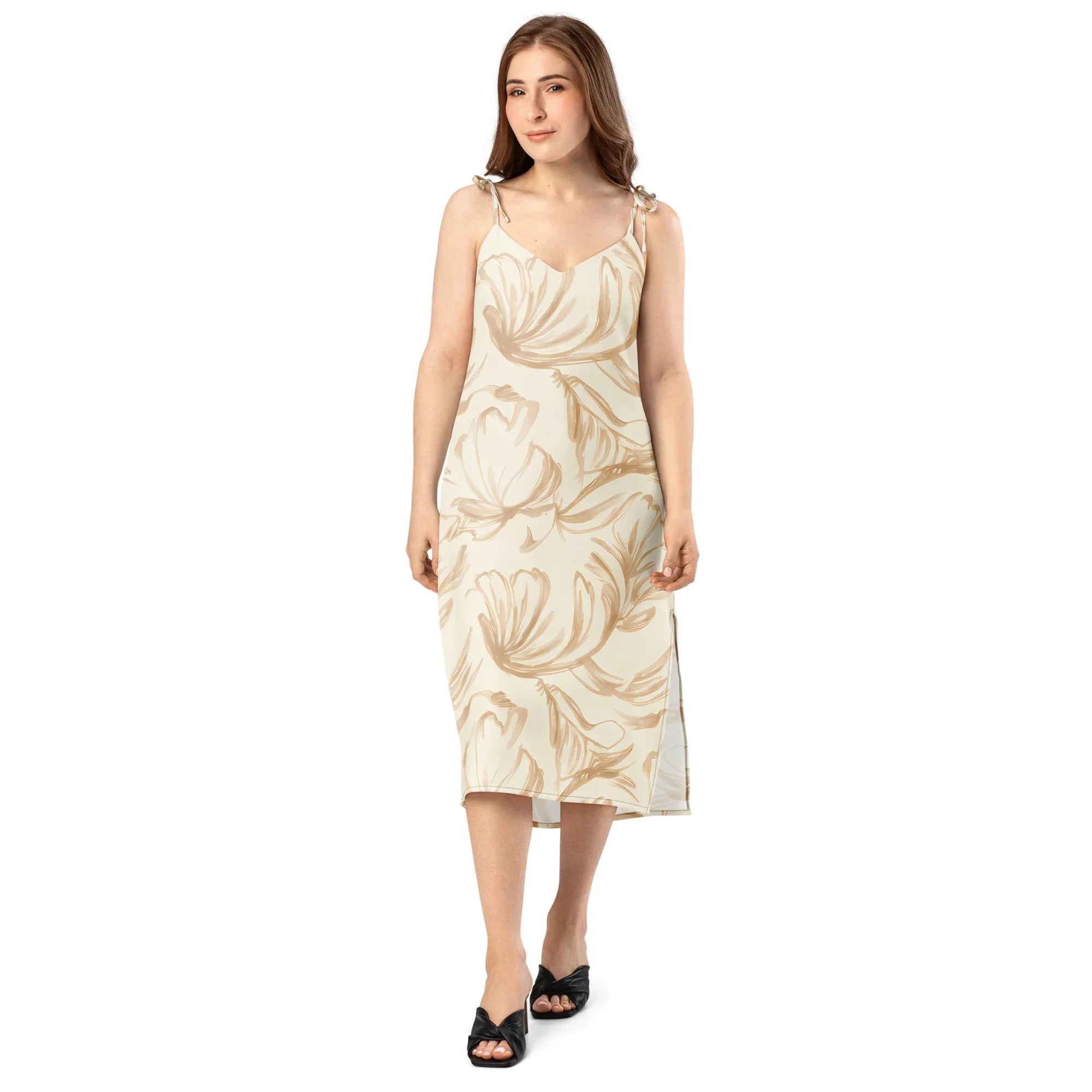 Tie-Strap Midi Dress Dress AwRans Clothing all-over-print-slip-dress-black-front-689c59623cf87