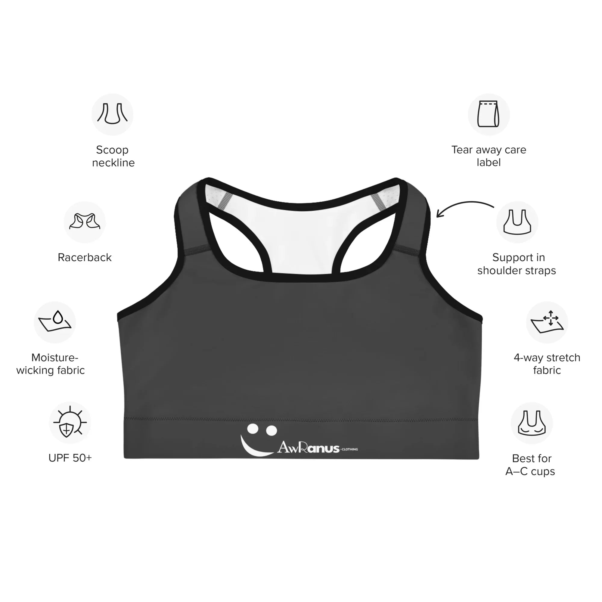 Sports Bra - Charcoal-Gray Sports Bra AwRans Clothing all-over-print-sports-bra-black-front-67ebface26393