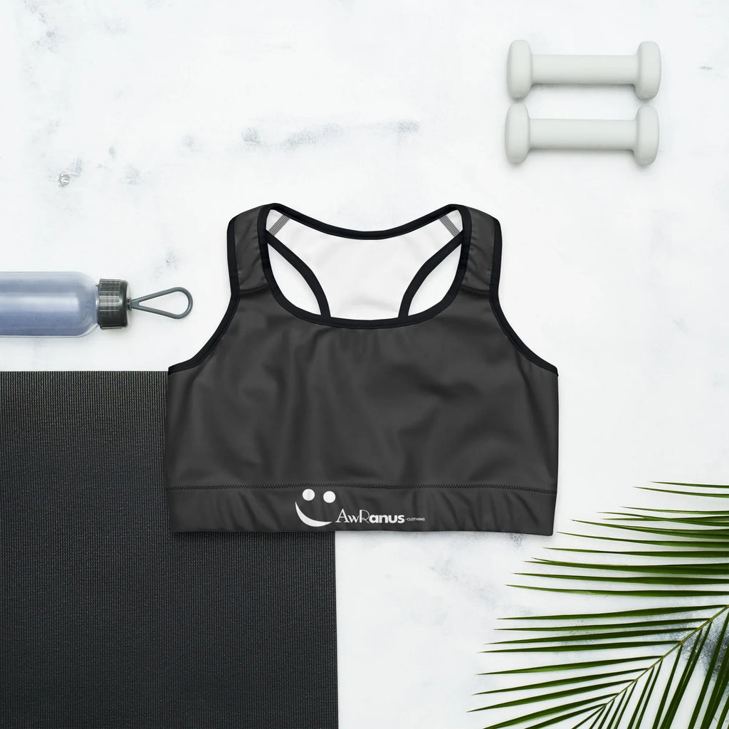 Sports Bra - Charcoal-Gray Sports Bra AwRans Clothing all-over-print-sports-bra-black-front-67ebface270a7