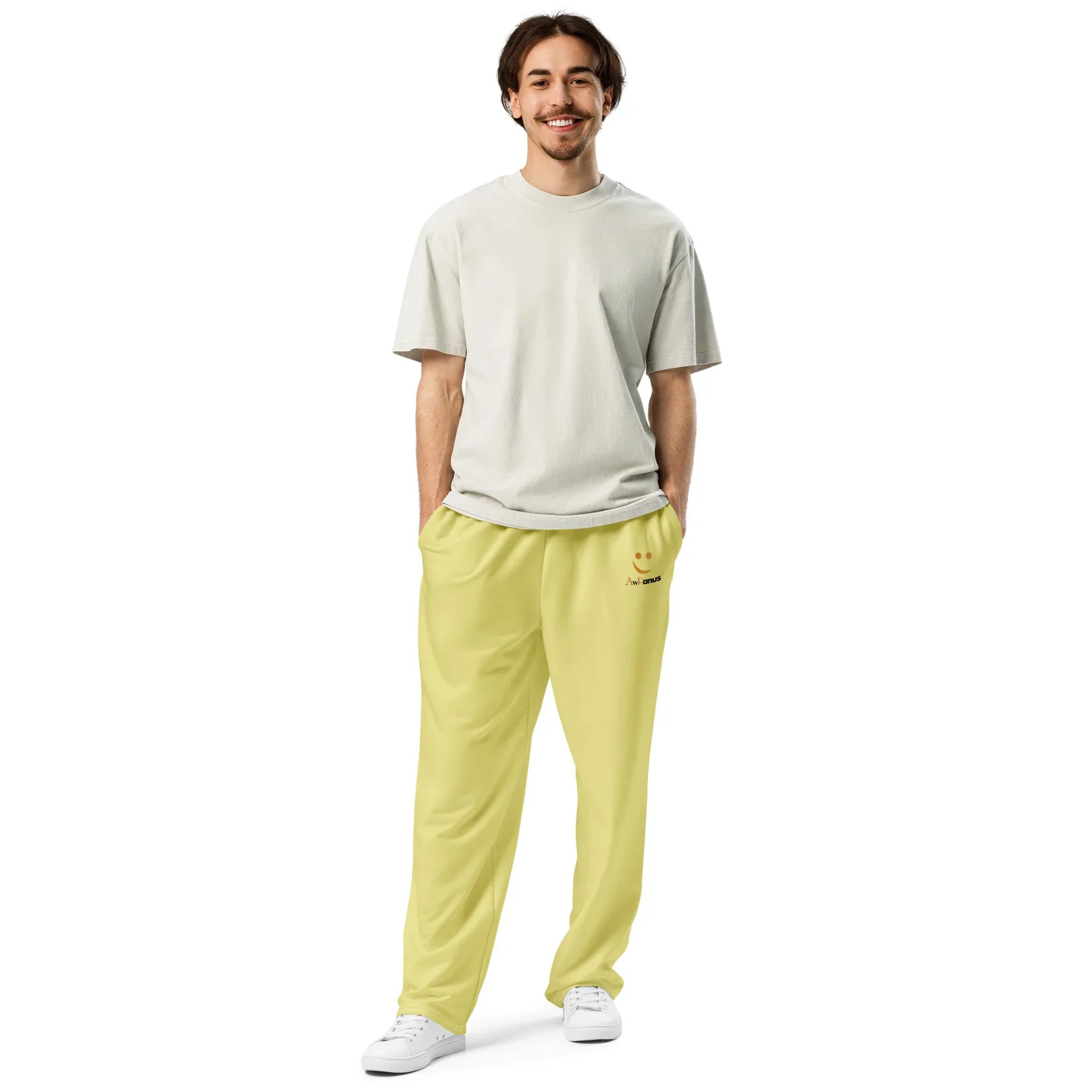 Unisex Wide-leg joggers Khaki joggers AwRans Clothing all-over-print-unisex-wide-leg-joggers-white-front-678dbda3c83f3