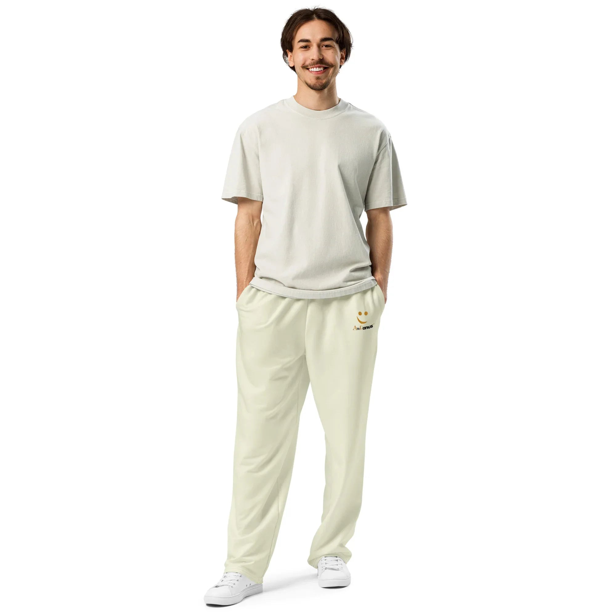Unisex Wide-leg joggers Beige joggers AwRans Clothing all-over-print-unisex-wide-leg-joggers-white-front-678dbeba384cc