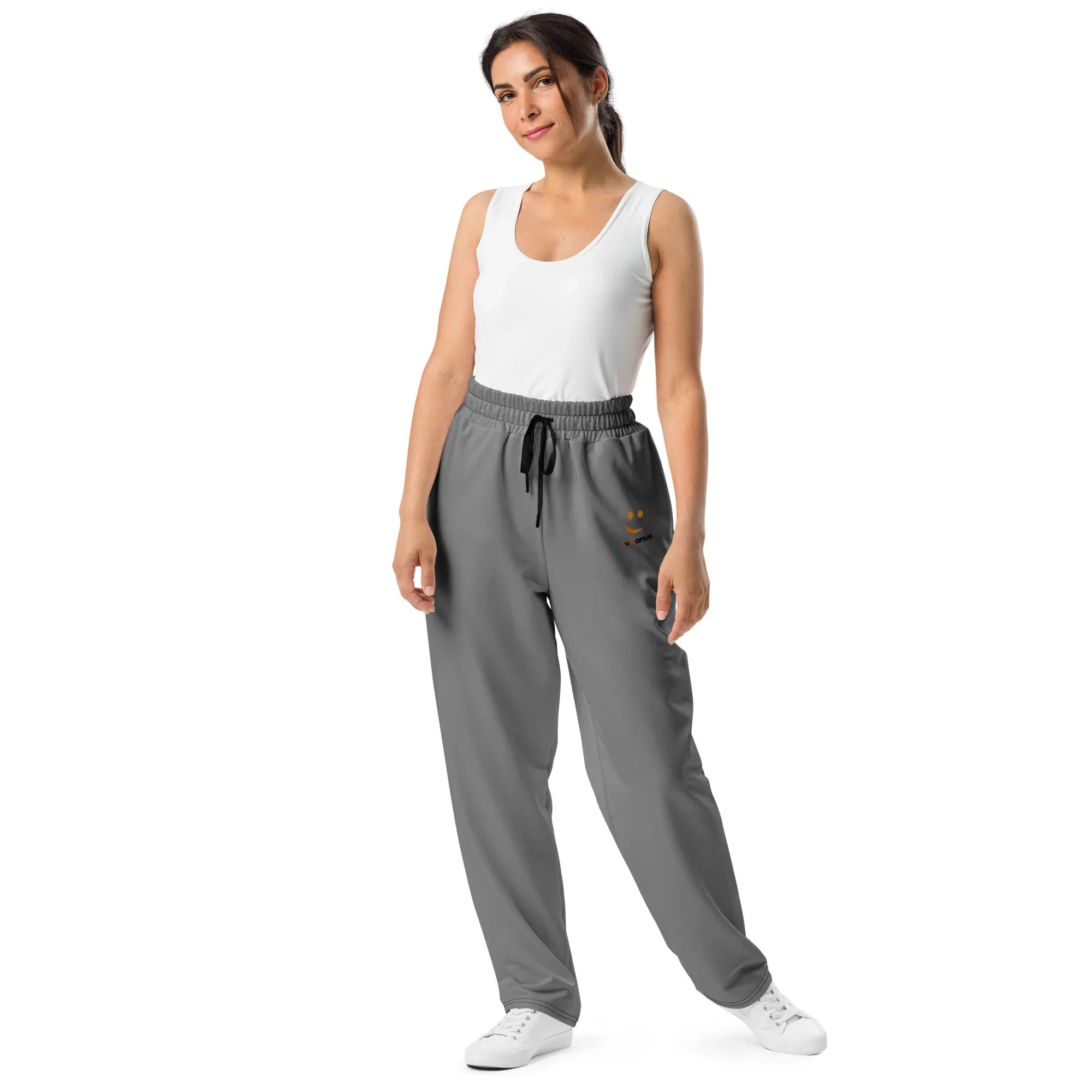 Unisex Wide-leg joggers Gray joggers AwRans Clothing all-over-print-unisex-wide-leg-joggers-white-front-678f5044e5ef8