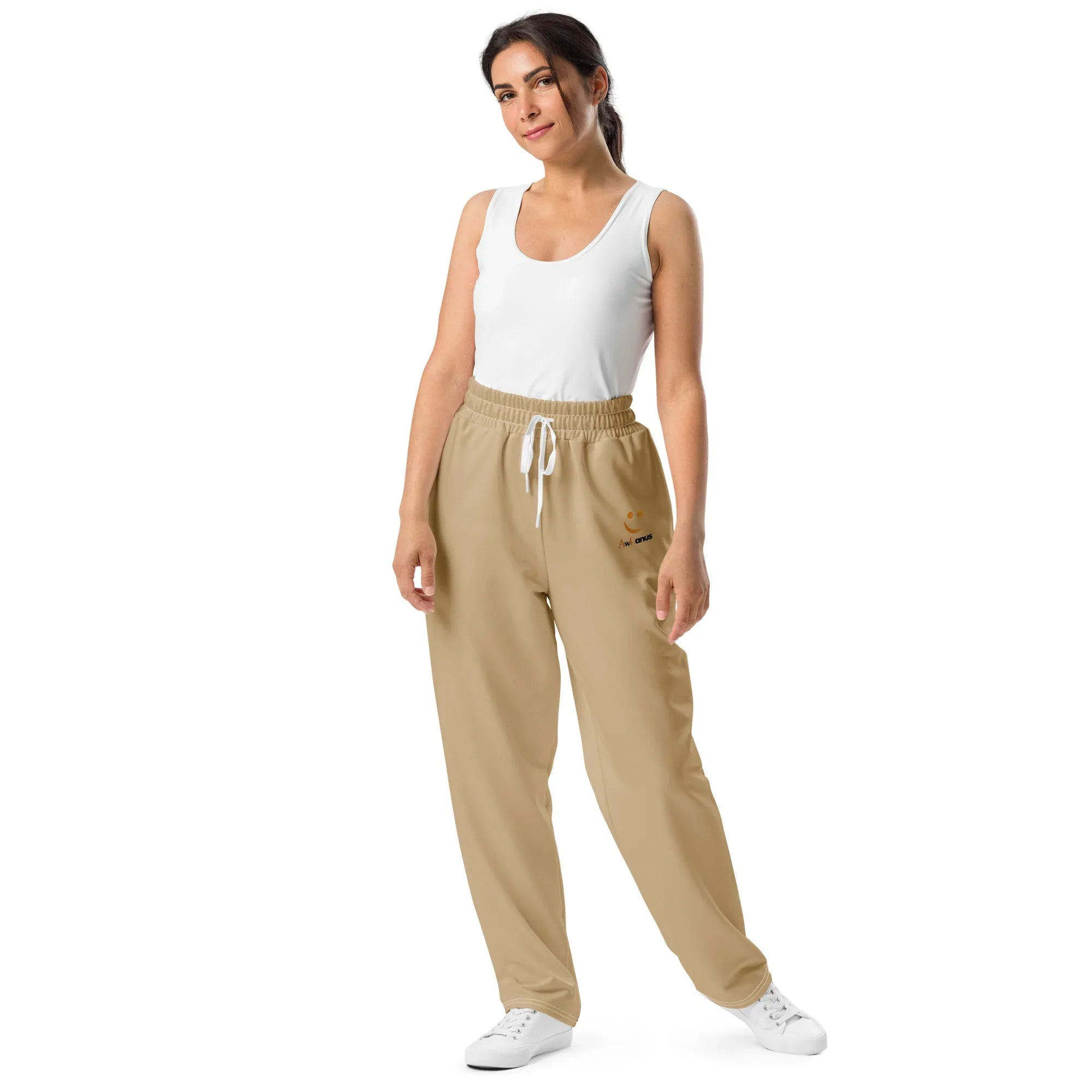 Unisex Wide-leg joggers Tan joggers AwRans Clothing all-over-print-unisex-wide-leg-joggers-white-front-678f51004a552