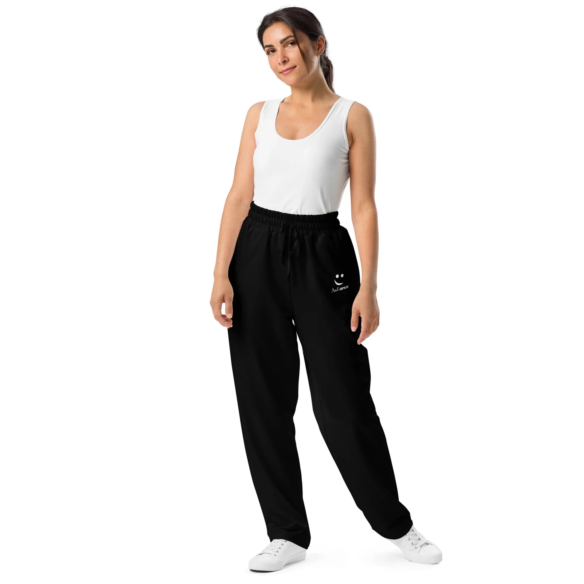 Unisex Wide-leg joggers BLACK joggers AwRans Clothing all-over-print-unisex-wide-leg-joggers-white-front-678f517f0a1df