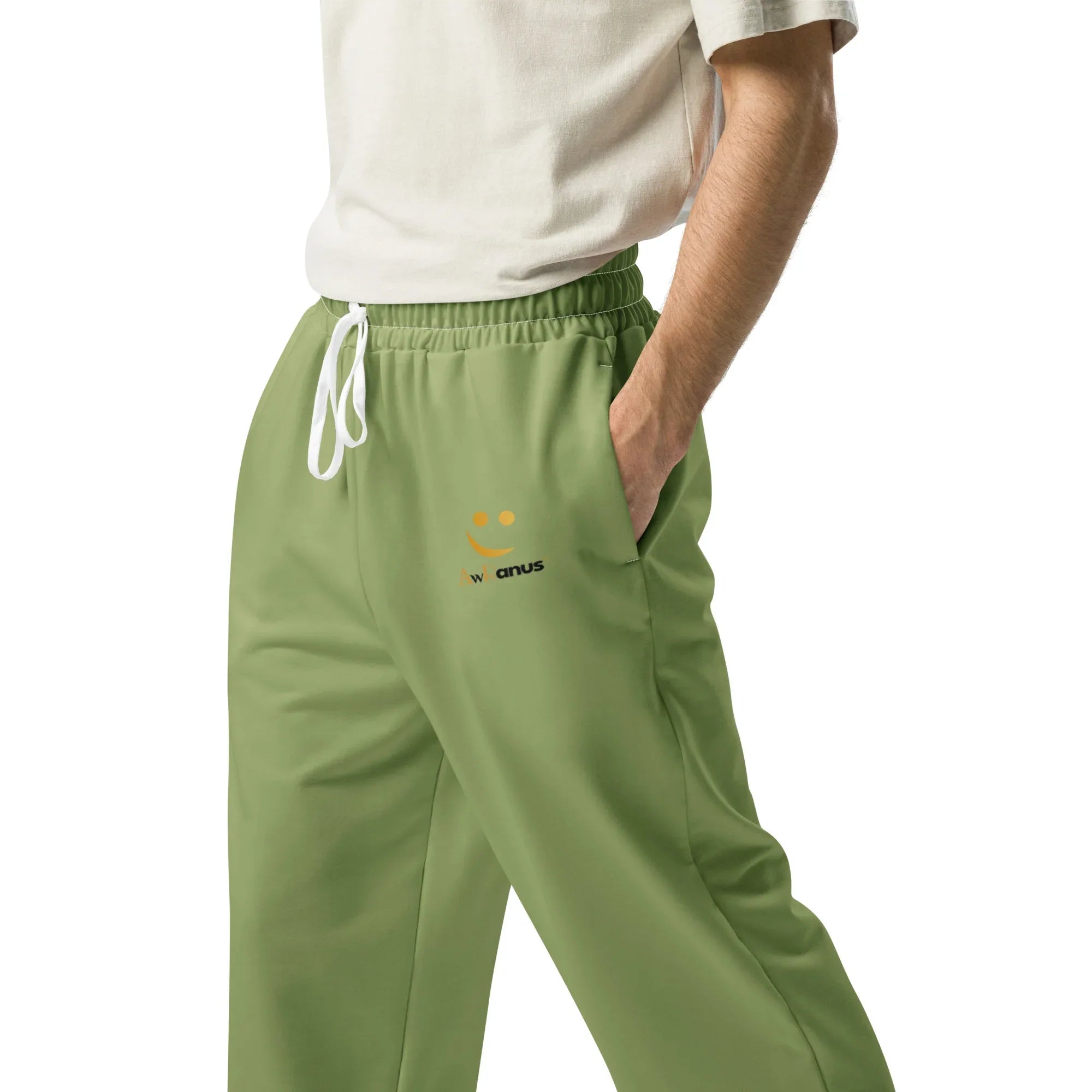Unisex Wide-leg joggers Sage-Green joggers AwRans Clothing all-over-print-unisex-wide-leg-joggers-white-left-678dbe85ab949