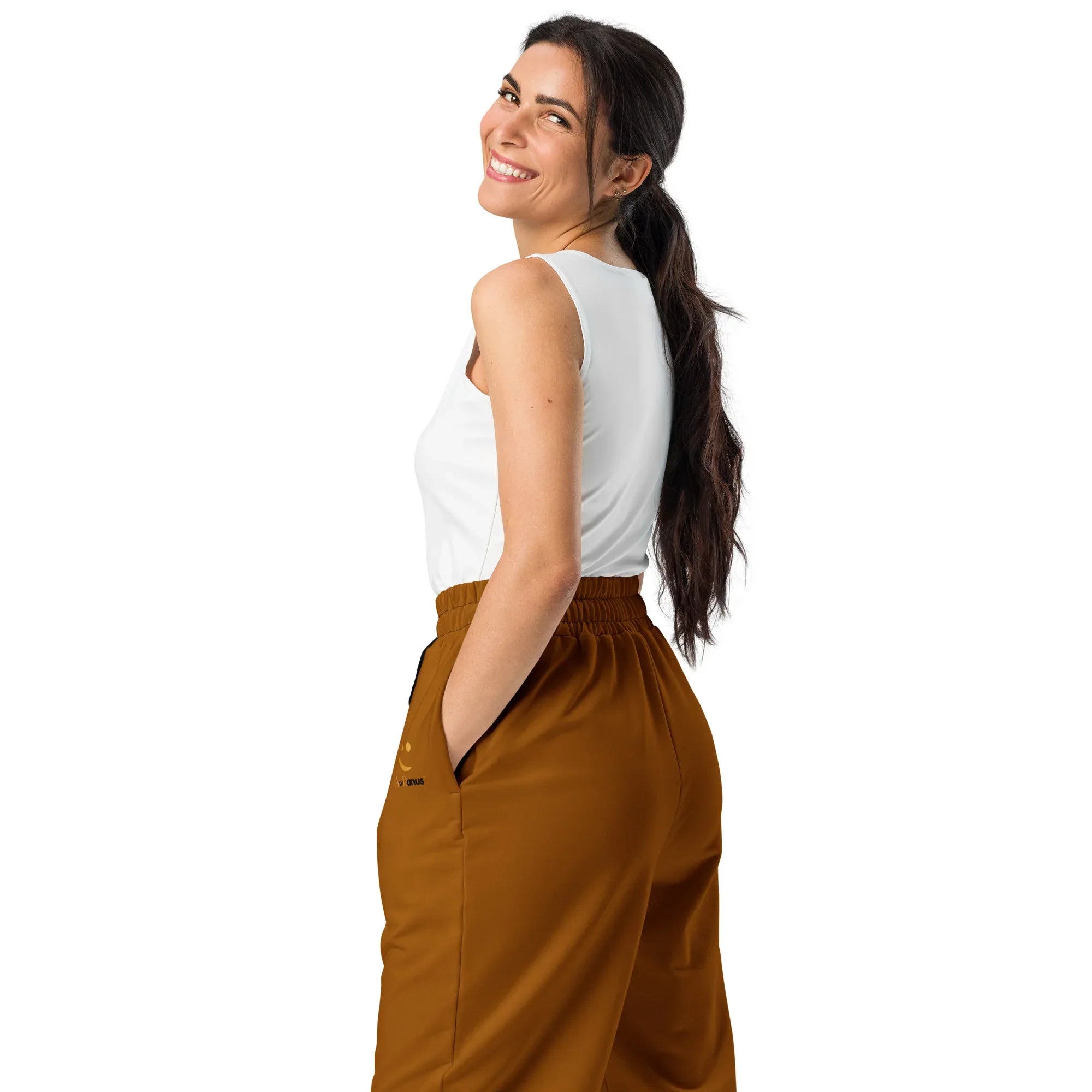 Unisex Wide-leg joggers Brown-Orange joggers AwRans Clothing all-over-print-unisex-wide-leg-joggers-white-left-back-678f5014785be