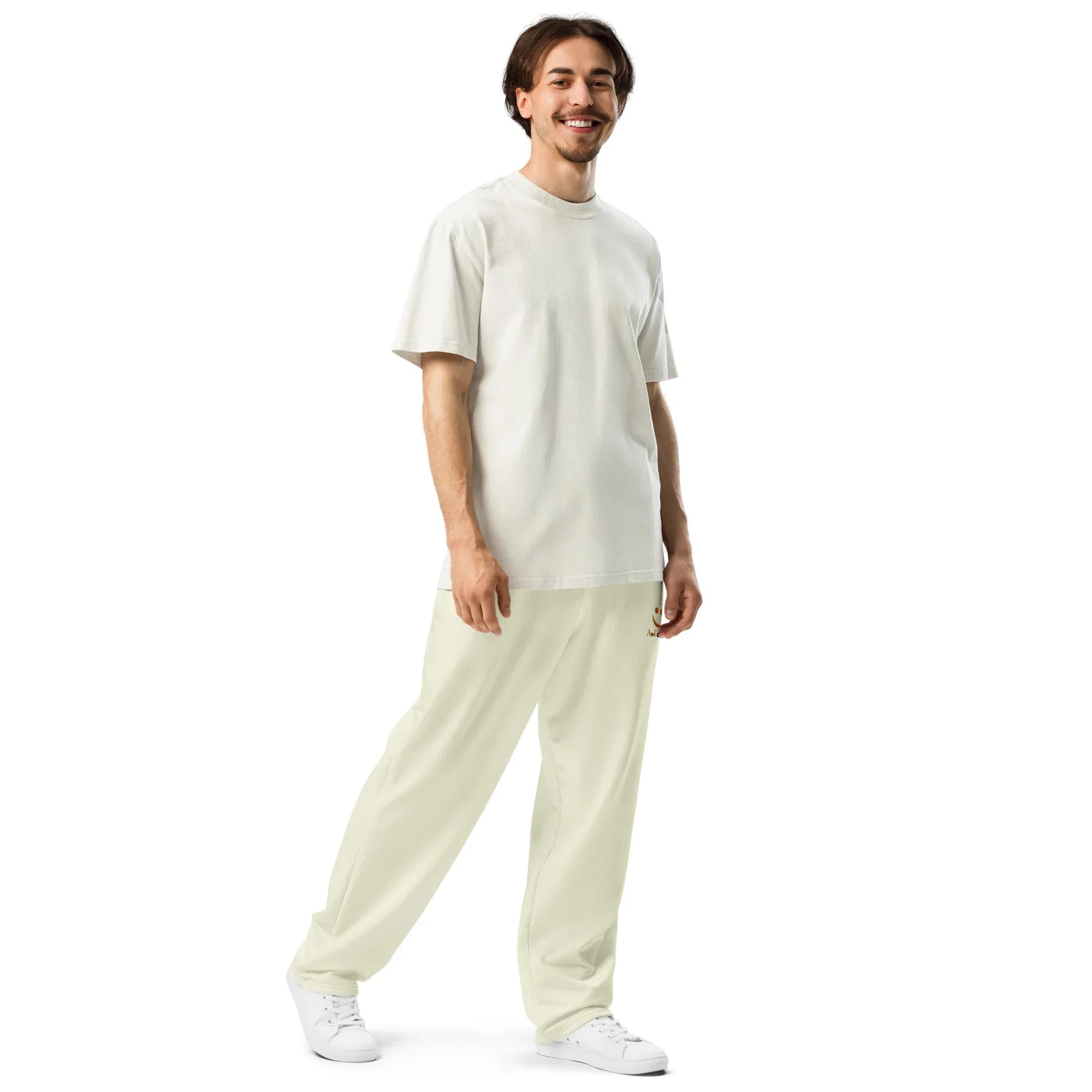 Unisex Wide-leg joggers Beige joggers AwRans Clothing all-over-print-unisex-wide-leg-joggers-white-right-front-678dbeba38227