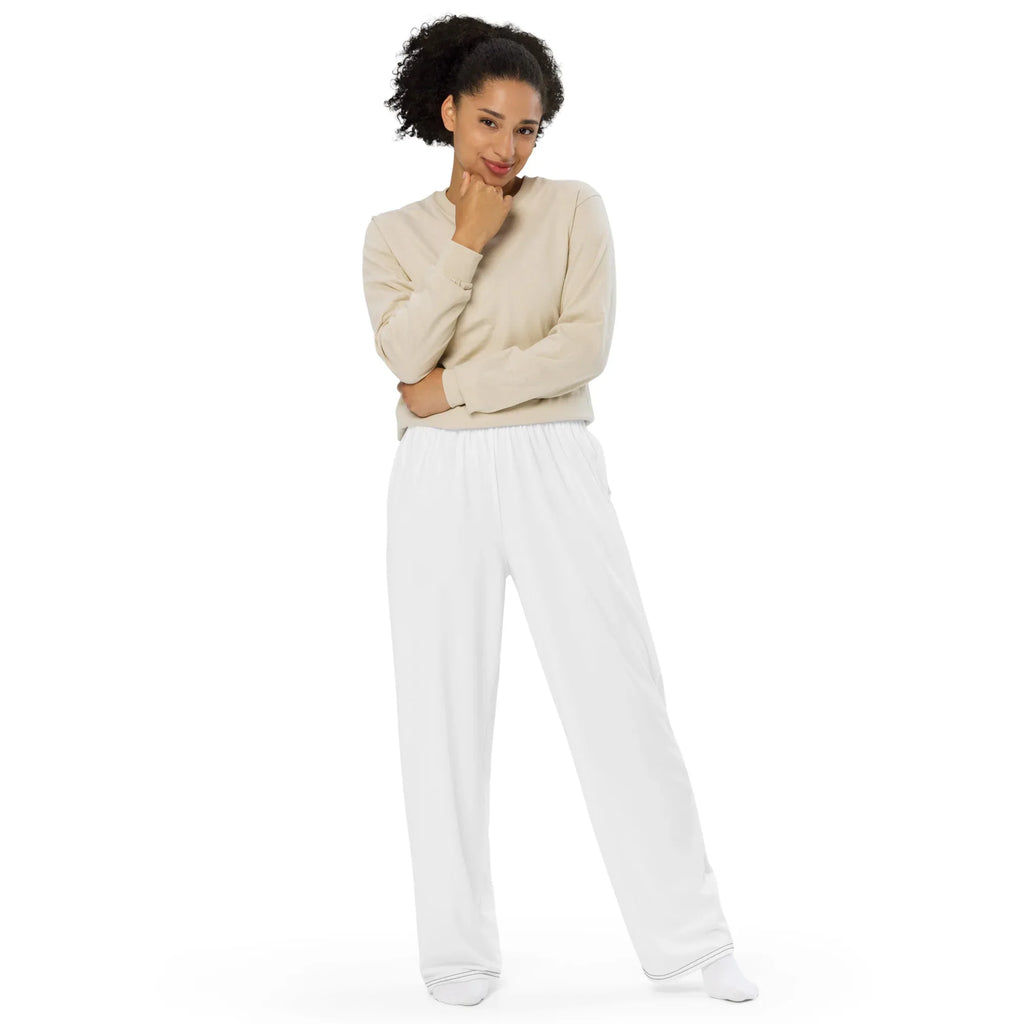 All-over Print Unisex Wide-Leg Pants WHITE Pants AwRans Clothing all-over-print-unisex-wide-leg-pants-white-front-67921bac54404