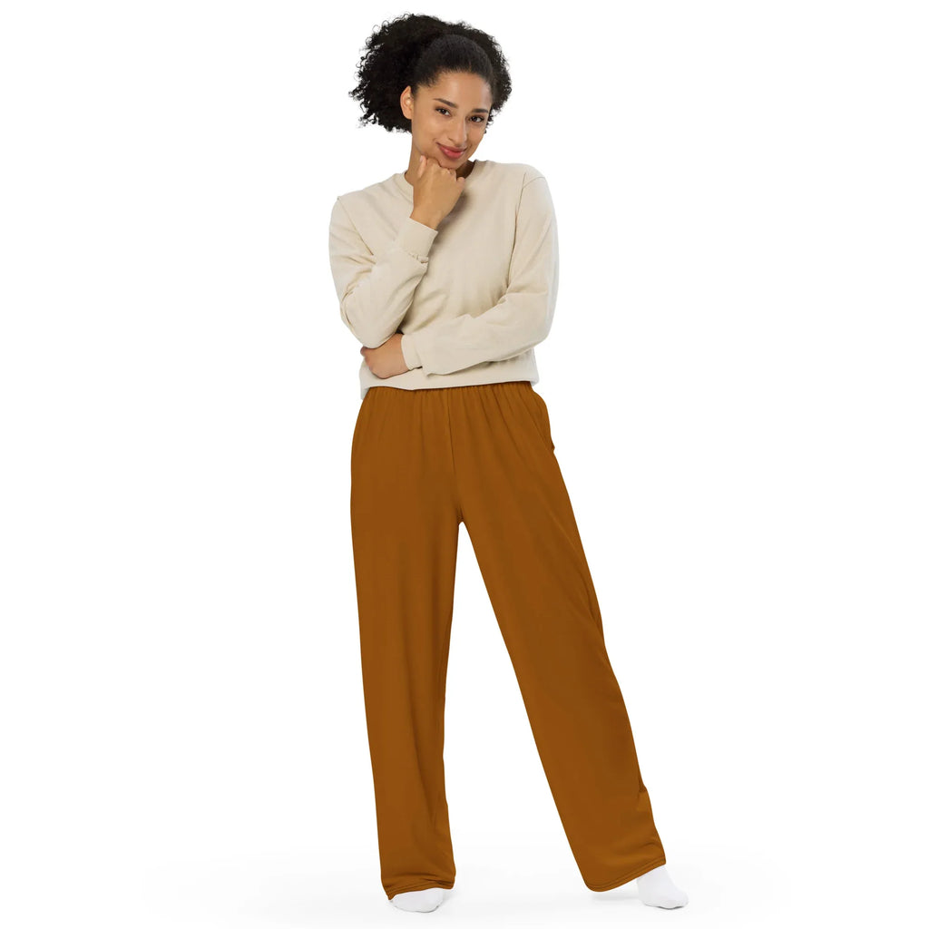 All-over Print Unisex Wide-Leg Pants Brown-Orange Pants AwRans Clothing all-over-print-unisex-wide-leg-pants-white-front-67921caae3bdc